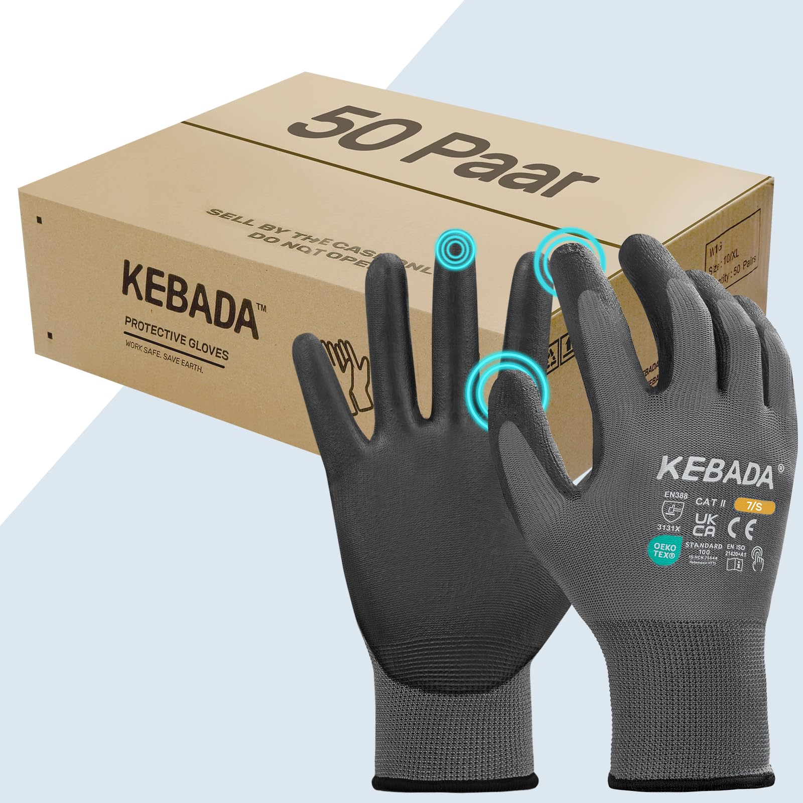 Kebada guanti da lavoro uomo/donna touchscreen, PU, W1, confezione 50 paia | Grigio, taglia 11/XXL, palmo rivestito in PU, maglia traspirante, presa antiscivolo per giardinaggio, officina e magazzino