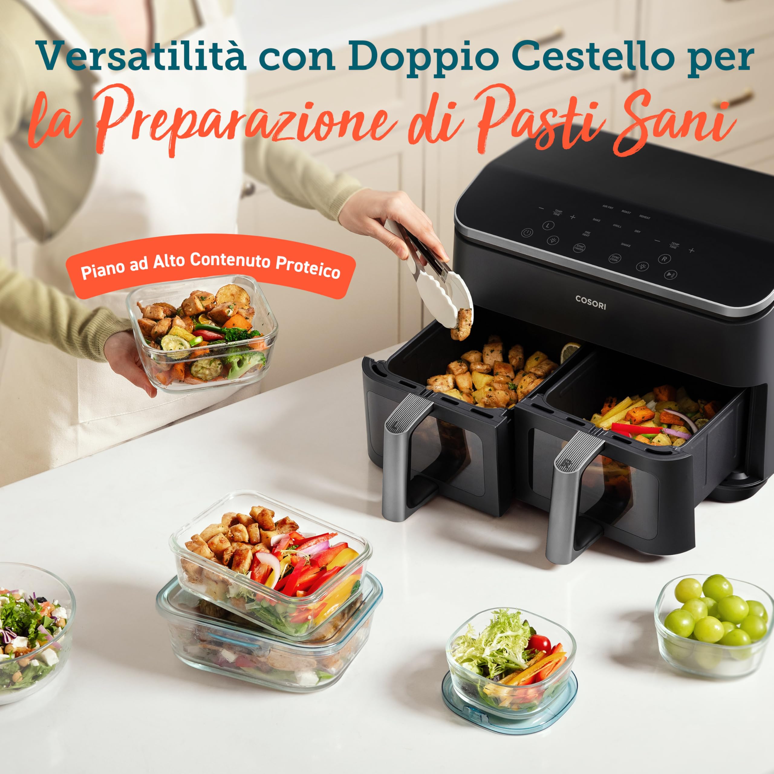 COSORI Friggitrice ad Aria Doppio Cestello Digitale, 8,5L Grande Capacità, Funzione 8 in 1, 35-230°C, Finestra,con Ricette Online, CAF-R901, Nero Profondo