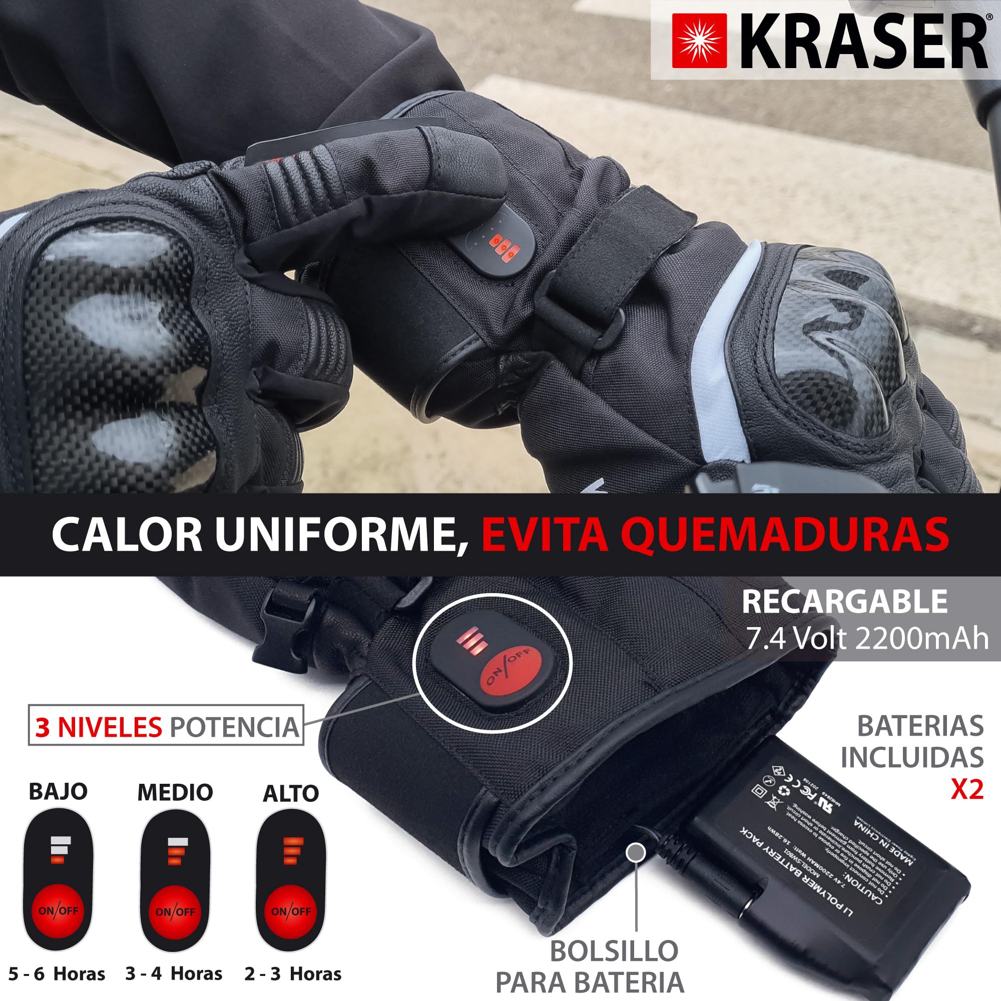 KRASER KRGS28 Guantes de Moto Premium Homologados CE, Calefactables e Impermeables, Testado Extremo y Protección Fibra Carbono, 3 Niveles de Calor para Invierno Hombre y Mujer