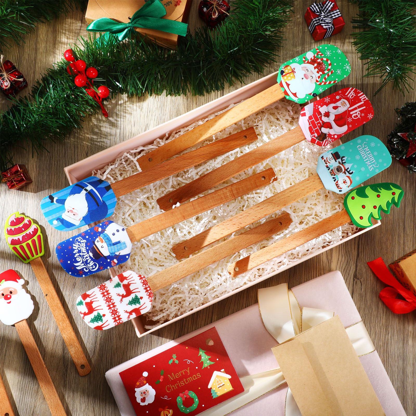 Nitial Juego de 10 espátulas de silicona de Navidad con mango de madera, espátula de Papá Noel, espátula de cocina para hornear con tarjetas de regalo de Navidad para mujeres, cocina, regalo de