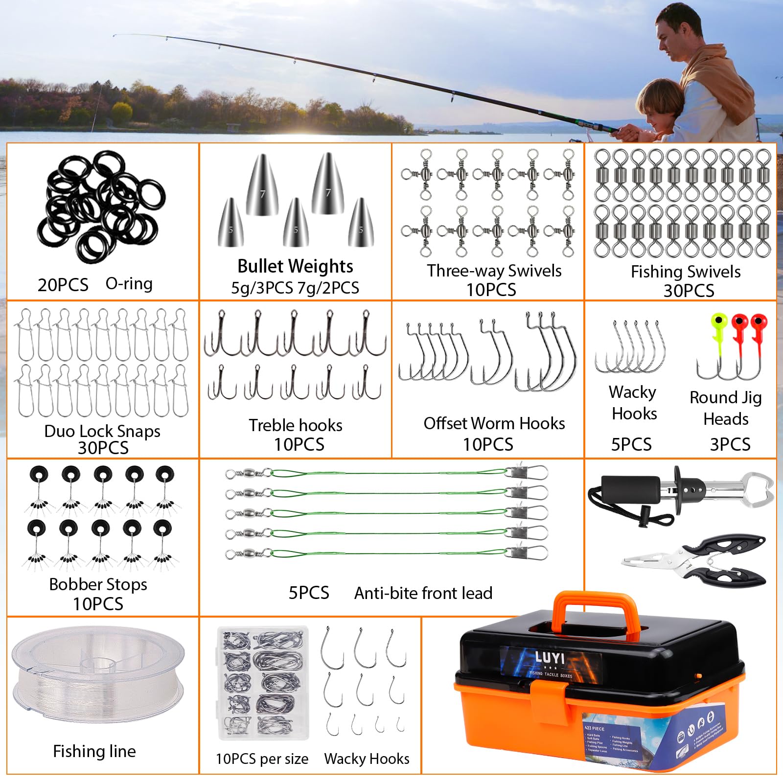 Large 3 Layers Tackle Box with Fishing Tackle Included, 423 Pcs Fishing Lures Kit Crankbaits Fishing Hooks Spoon Worm Tackle Fishing Bait Accessories for Bass Trout Freshwater Saltwater