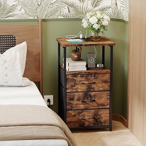 Miniatura 2 de Fixwal Mesita de noche con 3 cajones de tela, mesita de noche para dormitorio, mesita de noche con estación de carga, mesa auxiliar con Marrón
