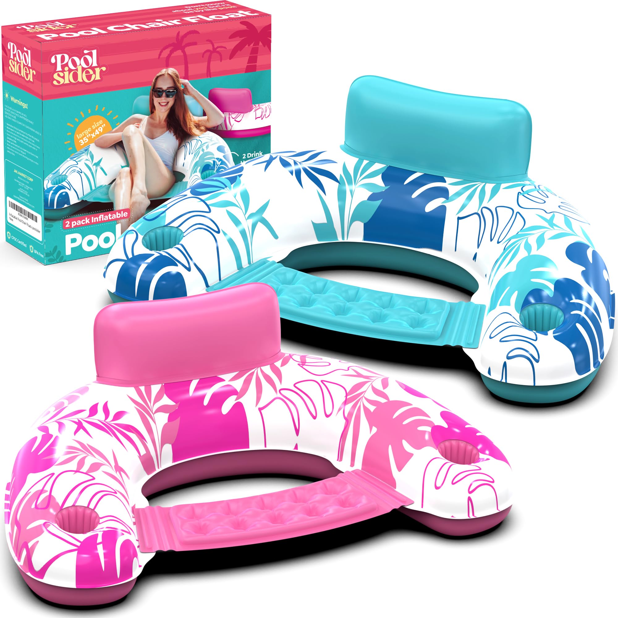 Photo 1 of ***PARTIAL SET*** Pool Chair Floats - 2 Pack Floating Pool Chairs for Adults | Inflatable Pool Chair with Cup Holder & Armrest | Swimming Chairs for Adults | Tropical Design (Pink/Blue) Pool Float Chair - Poolsider
