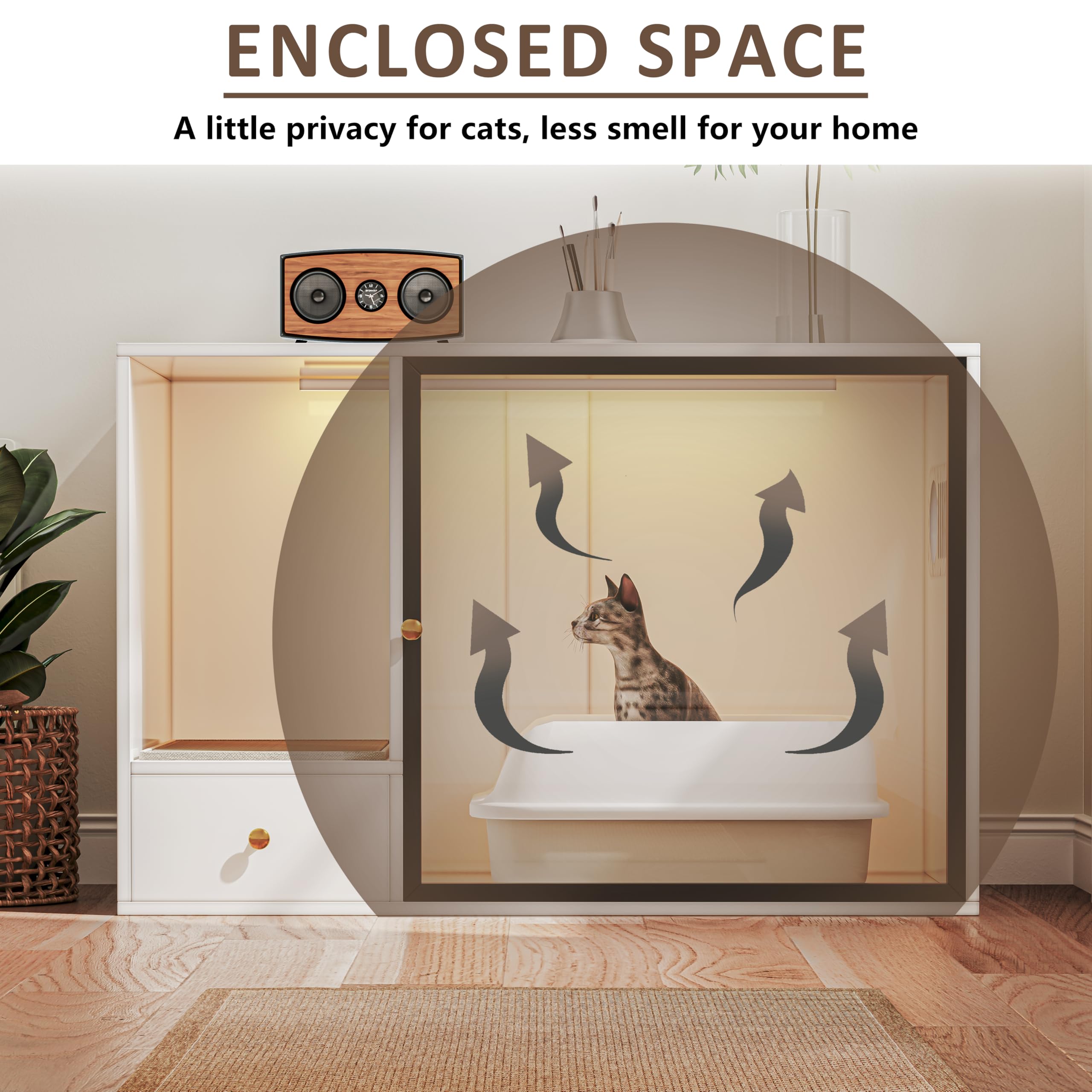 Top Entry Cat Litter Box Enclosure Furniture Style, White Large Hidden Glass Cat Cabinet Pet House with Stairs and Storage Drawers for Living Room (40.2'' W) - image 5