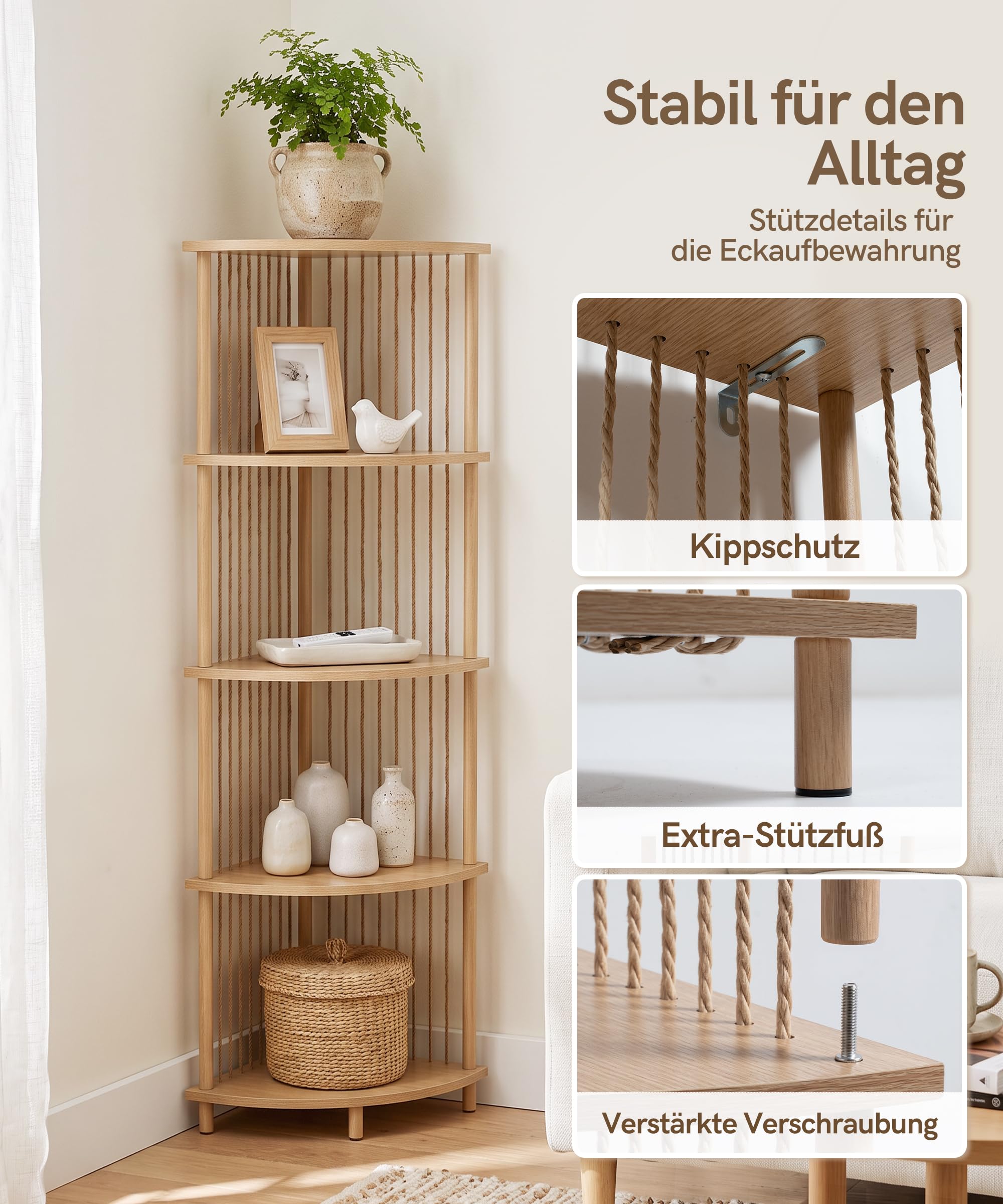 Afuly Eckregal Weiß Eiche, 131 cm Standregal Mit 5 Ebenen Und Papierseil