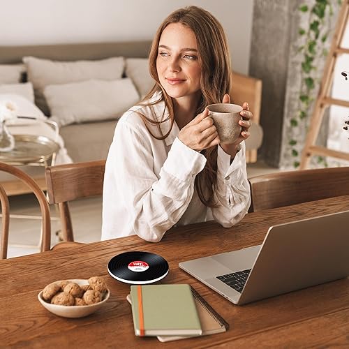 Miniatura 5 de Juego de 4 posavasos para bebidas, posavasos redondos para tocadiscos antiguos de 4 pulgadas, posavasos de cerámica absorbente con base de corcho,