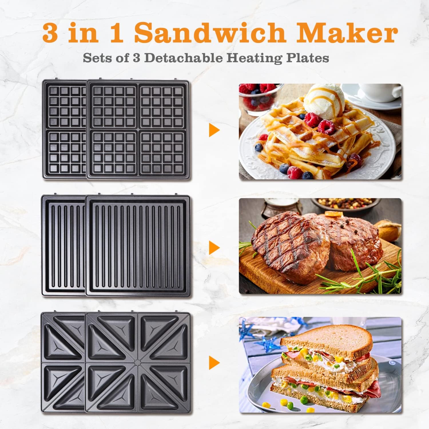 Taylor Swoden Bruno - 3 en 1 : appareil à sandwich, gaufrier, gril. 1200W, 0% BPA. Peut contenir 4 sandwichs, plaques antiadhésives, retournement à 180° pour une cuisson rapide et uniforme.