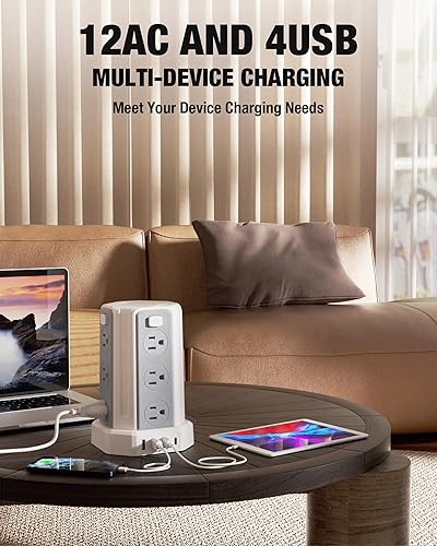 Miniatura 5 de Regleta de alimentación con protector contra sobretensiones, cable de extensión de 10 pies con 12 tomacorrientes múltiples de CA, 4 USB (1 USB C),