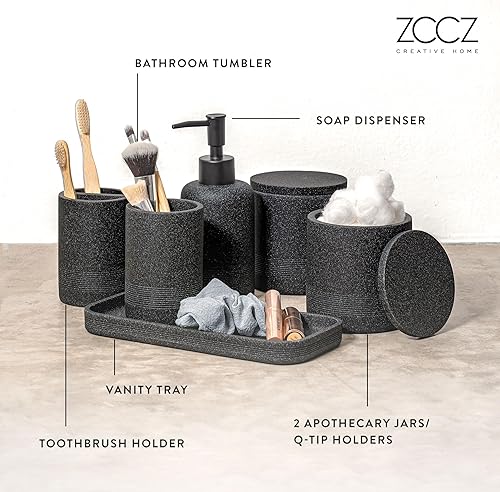 Vista 43 de ZCCZ Juego de accesorios de baño blanco de 6 piezas, soporte para cepillos de dientes, dispensador de loción, recipiente Qtip, bandeja de tocador