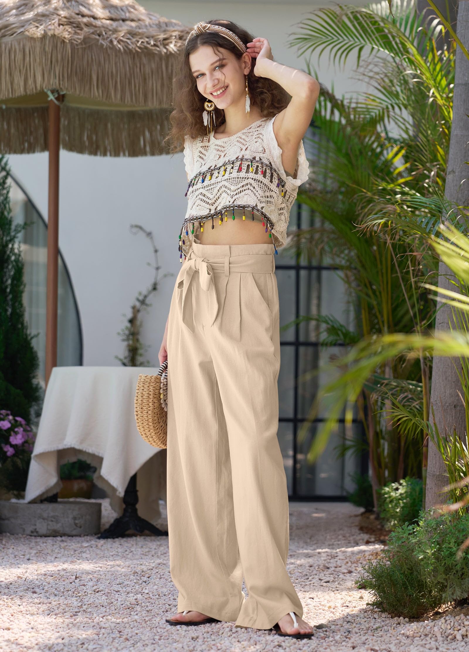 Willit Pantaloni da donna in lino casual a gamba larga, pantaloni da lavoro a vita alta, tasche estive con nodo 71,1 cm/76,2 cm/32 ''