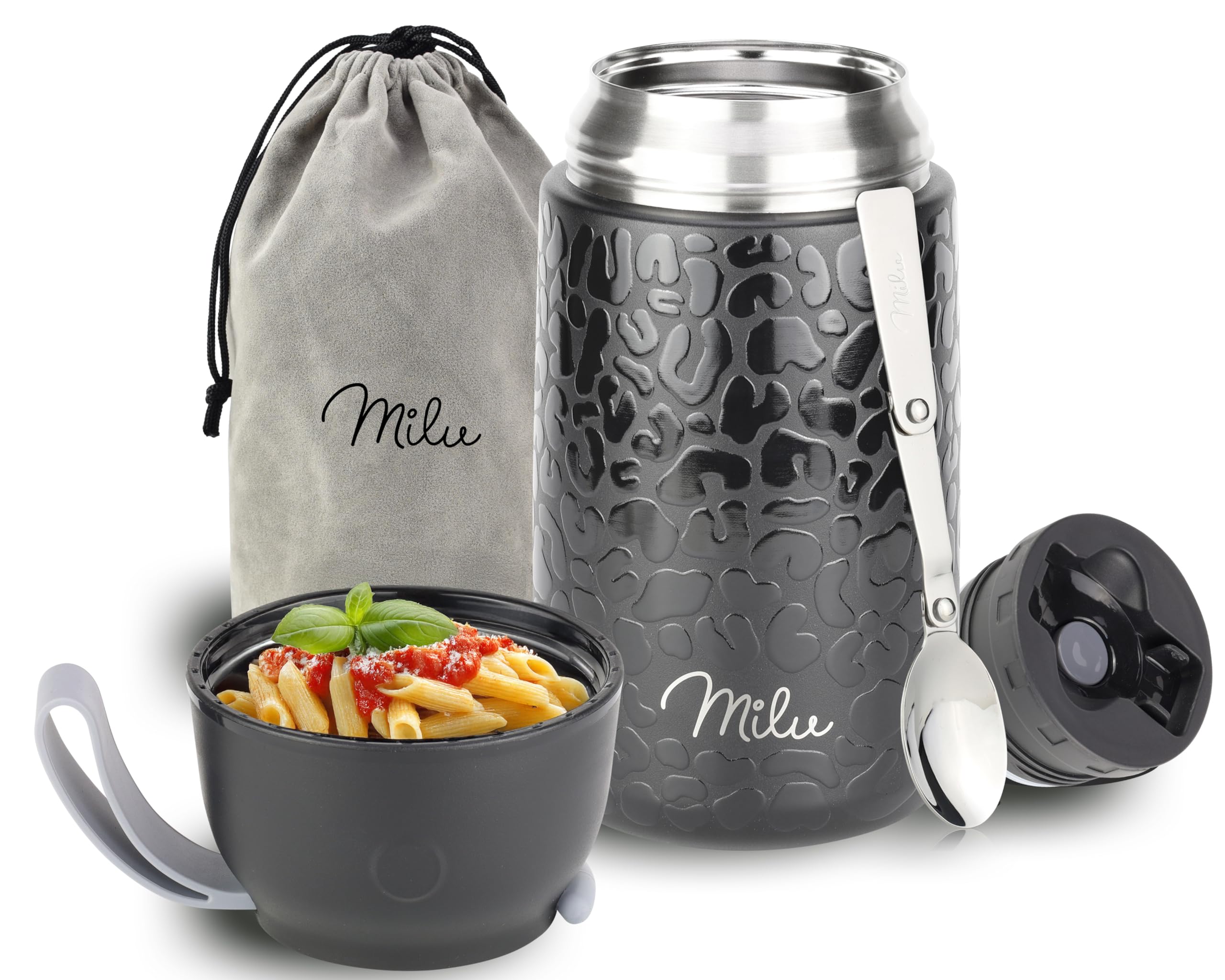 Milu Thermo per Alimenti 800 ml Contenitore Termico di Acciaio Inossidabile, Isotermico Sottovuoto per Cibi Caldi e Freddi (Black Leopard, 800ml)
