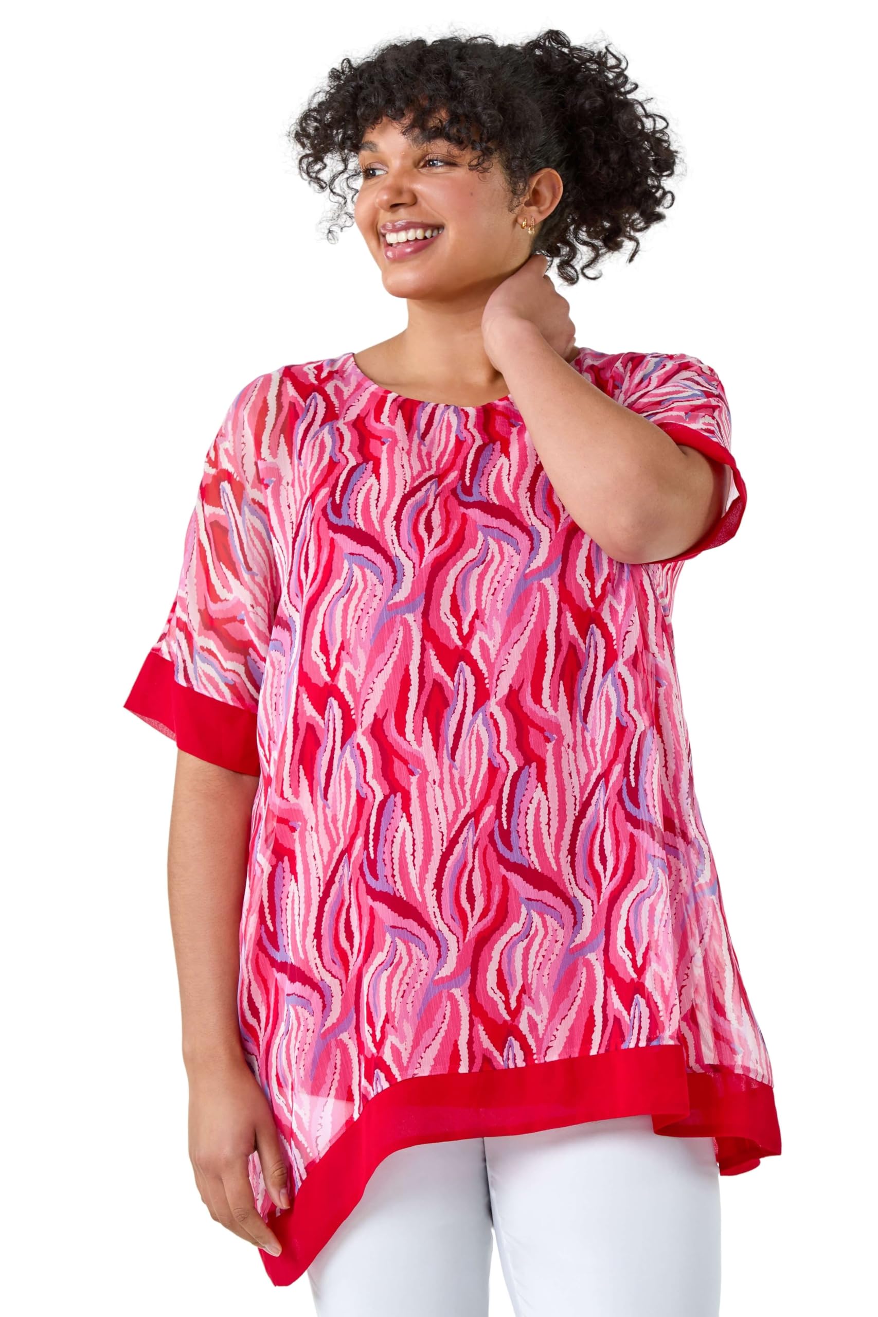 Roman Originals Women's Pink Plus Roman Curve Abstract Print Chiffon Overlay Top For Uk - Everyday Holiday Spring Summer Round Neckline Comfy Soft Evening Vacation Work Party - 18 Plus