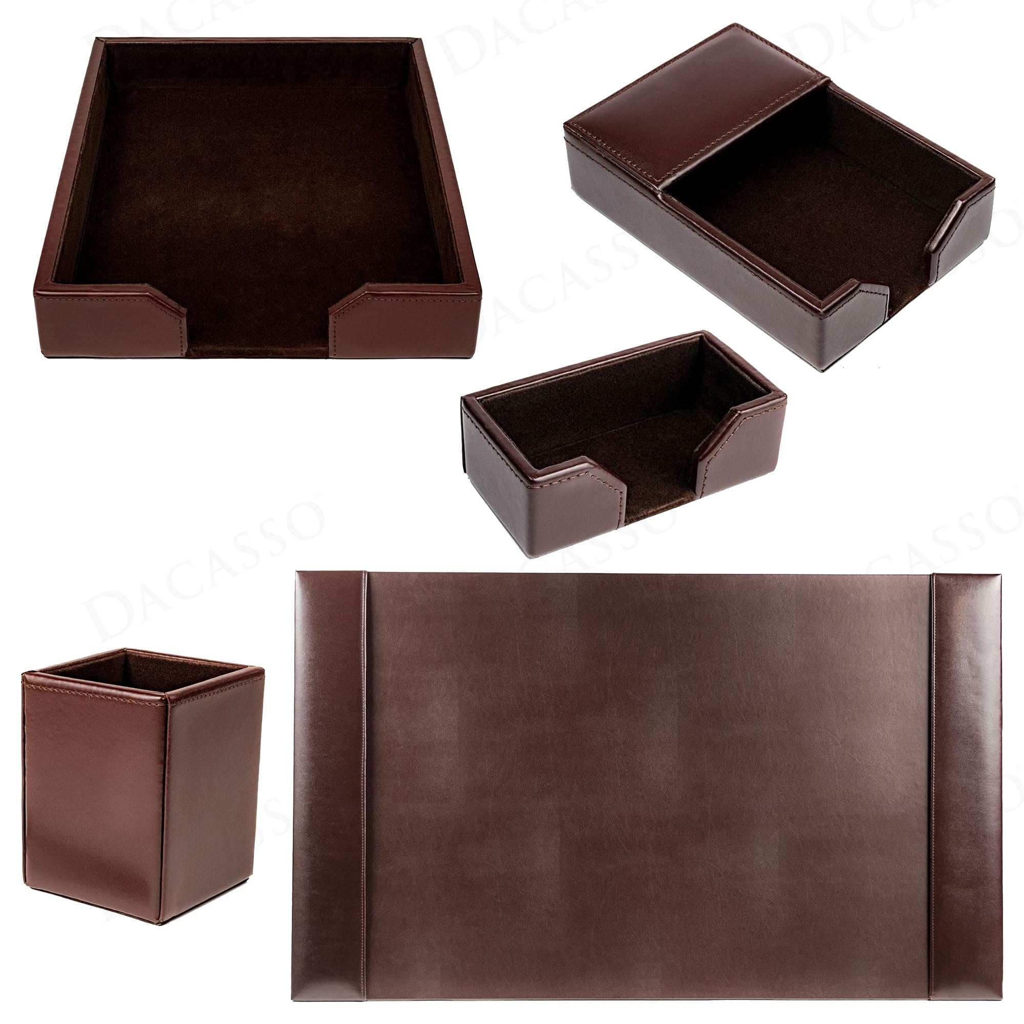DACASSO Schreibtisch-Set aus Lederfaserstoff, luxuriöse Schreibtischunterlage und Schreibtisch-Organisations-Essentials – Büroorganisation & Chefschreibtischdekoration – (Dunkelbraun, 5-teilig)