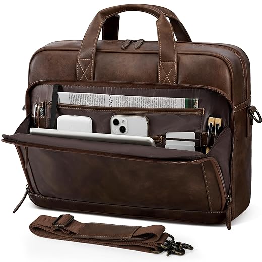 RAINSMORE Mens Laptop Bag 16 Inch Leather Briefcase Vintage Messenger Bag for Men Large Crossbody Shoulder Office Computer Bag Retro College Satchel Bag for Work, Business,Travel, Dark Brown