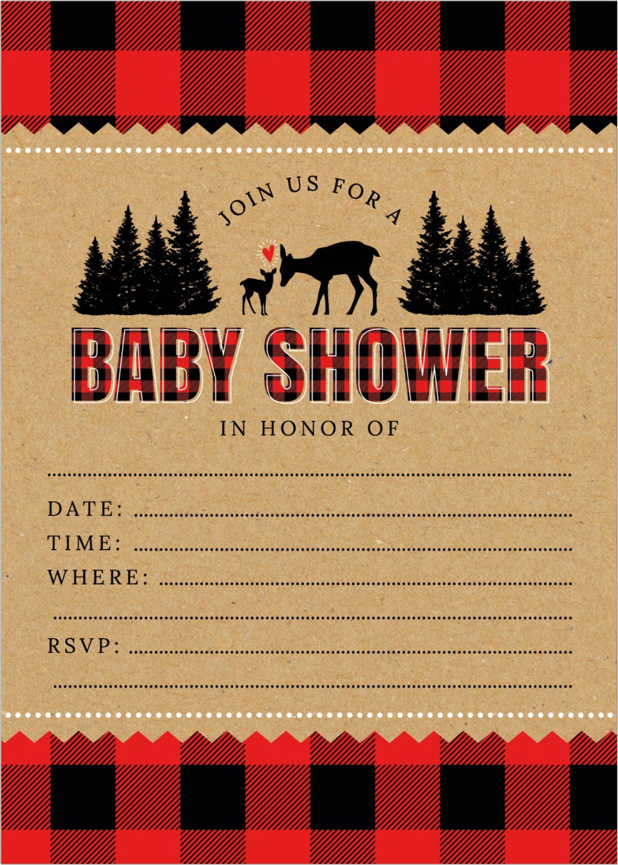 Amazon.com : Lumberjack Buffalo Plaid Woodland Deer Baby Shower Invitations  - 24 Count : Home & Kitchen