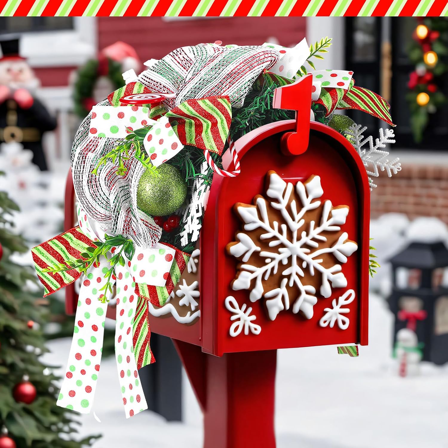 Knitgrip 35 Inches Christmas Mailbox Swag Artificial Candy Green Red Dot Christmas Swag Wreath with Pine Needles Pinecones Berries and Bow Front Door Hanging Decoration for Xmas Fireplace