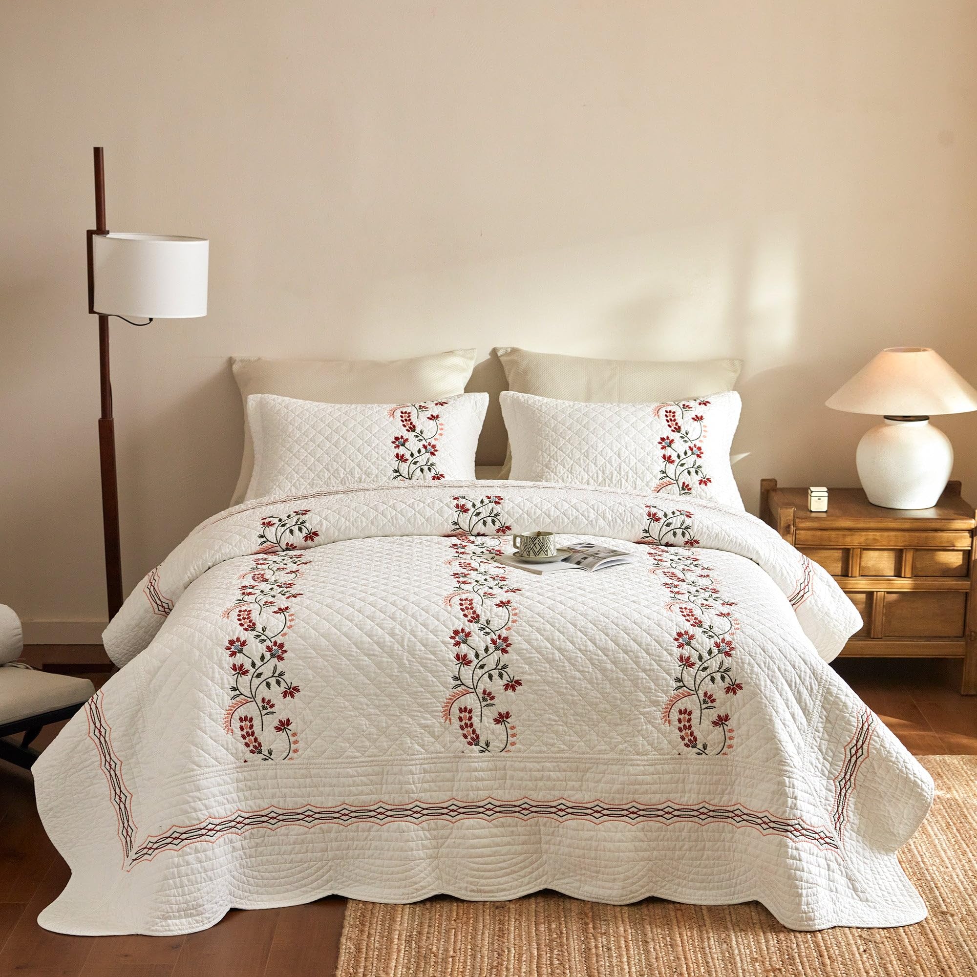 MarCielo 3Pcs Cotton European Folk Embroidered Quilt Bedspread Set Modern Farmhouse Style TC155