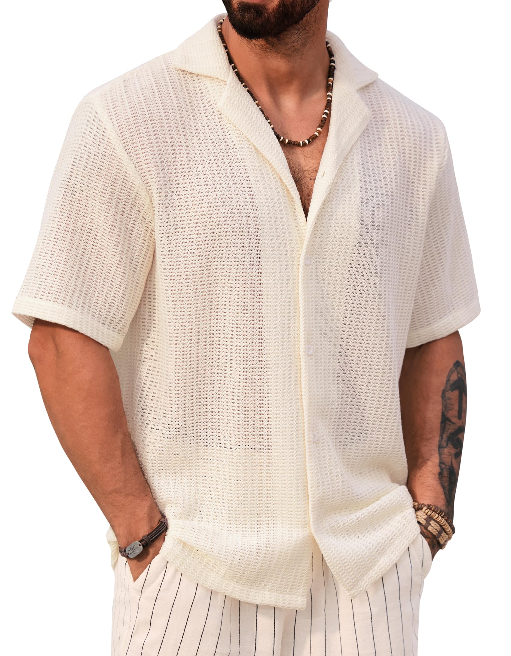 Men Summer Beach Shirts Stylish Hollow Out Button Down Shirt Casual Cuban Top (S-XXL)