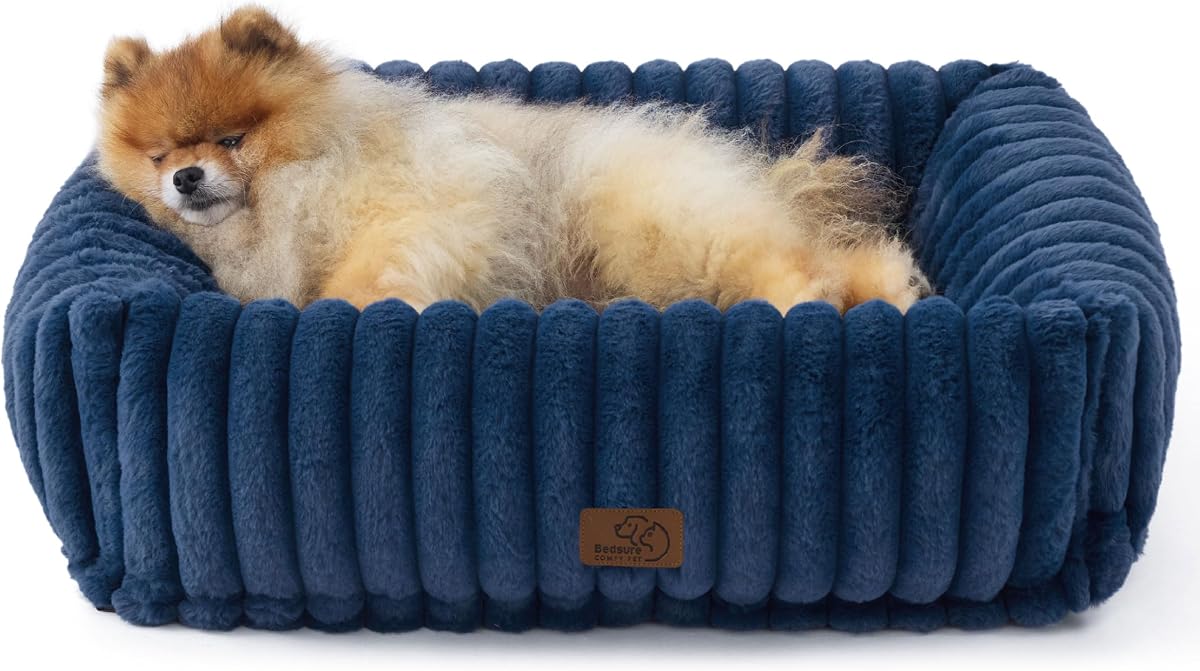 Bedsure ComfyFleece™ Cute Dog Bed for Small Medium Dogs,25in Night Blue | Furry Puppy Beds,Square Washable Orthopedic Corduroy Aesthetic Pet Beds,Removable Zipper Cover,Non-Slip Bottom,Up to 15 Lbs