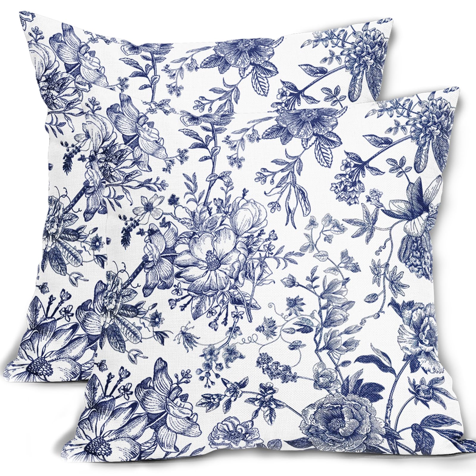 Chinoiserie Pillow Cover 18x18 Inch Set of 2 Blue and White Flower Decoration Throw Pillow Covers Vintage Floral Outdoor Pillowscase Cotton Linen