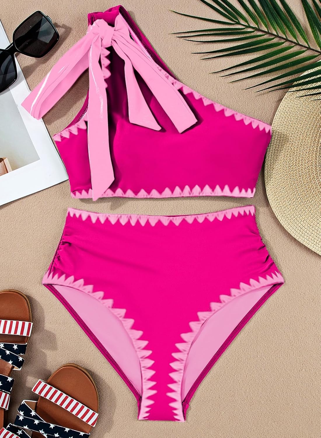 Herseas Women's One Bow Shoulder Bikini Sets 2 Piece Ruched Swimsuit Elegant Bathing Suit - Image 4