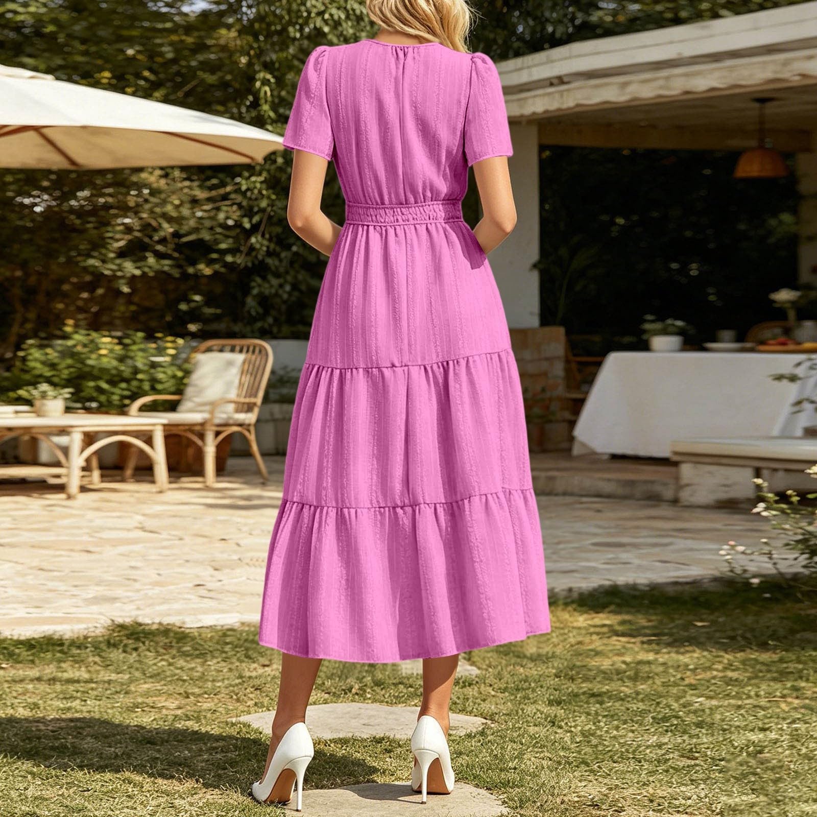 Vestido Casual de Verano Liso de Manga Corta con Elegante Escote y Bolsillos.