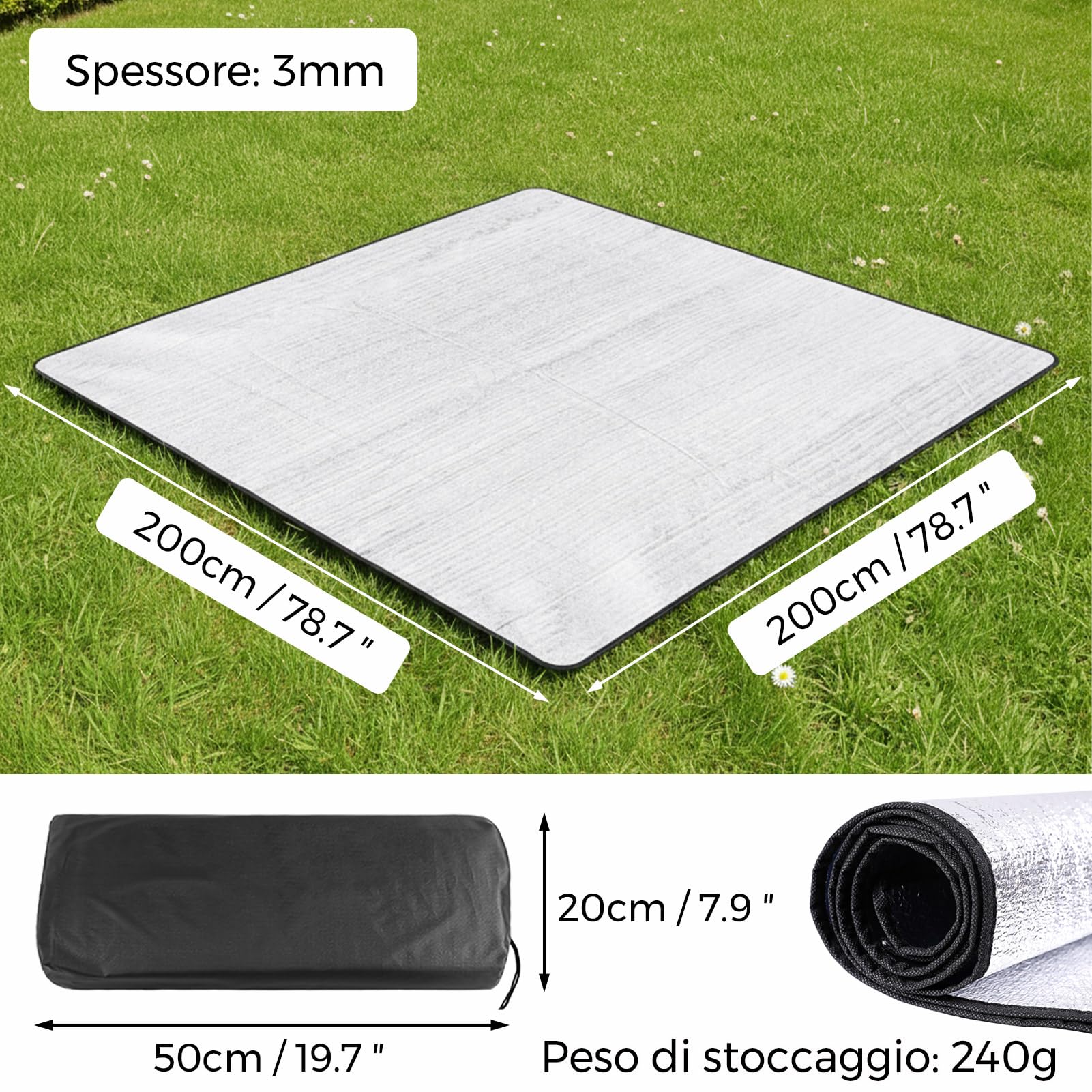 Tappetino Isolante in Alluminio Pieghevole Materassino da Campeggio Termico Leggero 200 x 200 cm Impermeabile Anti-Umidità Portatile per Esterno Tenda Viaggio Picnic