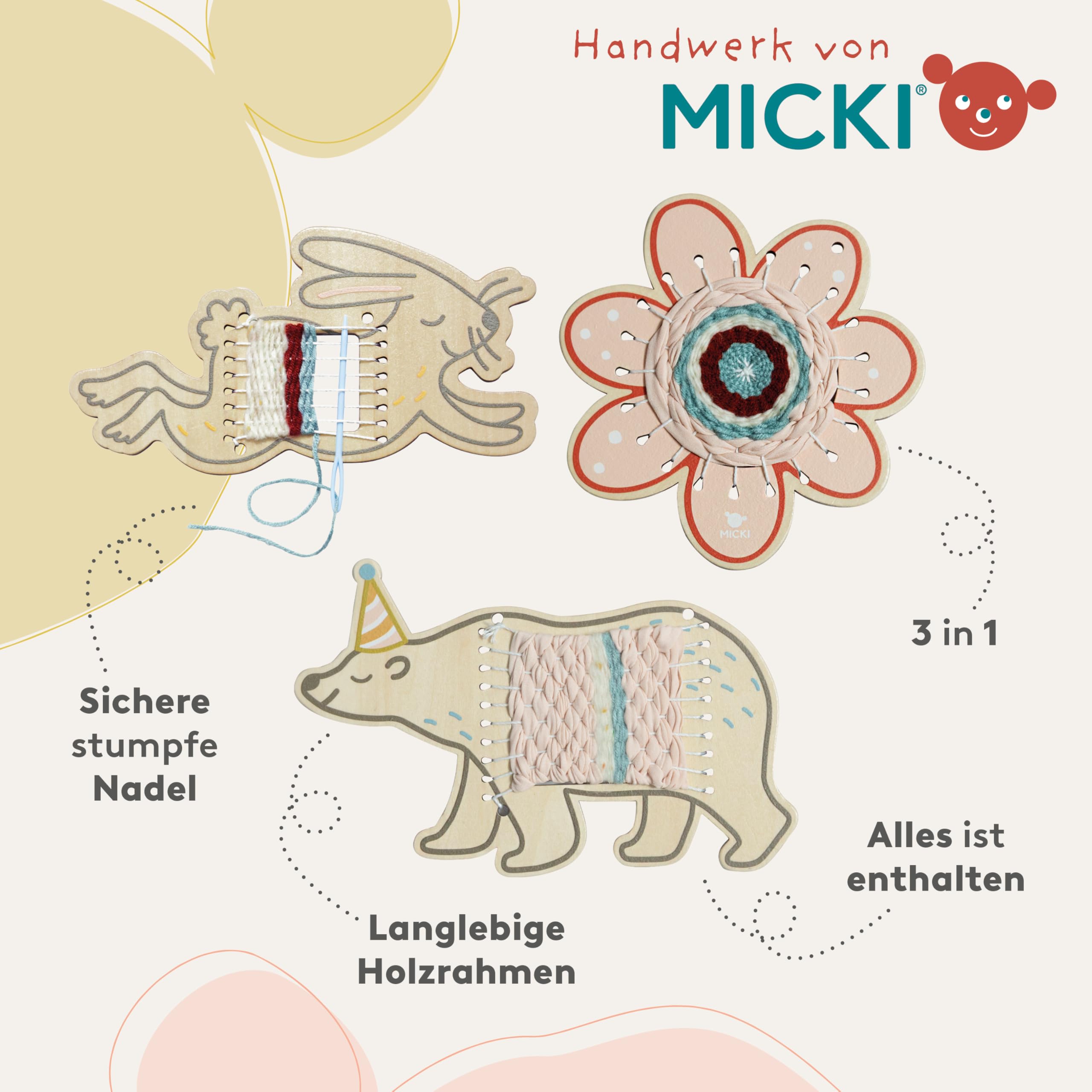 Micki Webrahmen für Kinder, Bastelset Kindergeburtstag, aus Holz, 3 Figuren | Webrahmen Kinder (Bär, Hase und Blume), Holzwebrahmen mit stumpfer Nadel und 4 Garnen, DIY Set Kinder, Webstuhl, 5x230x150 mm