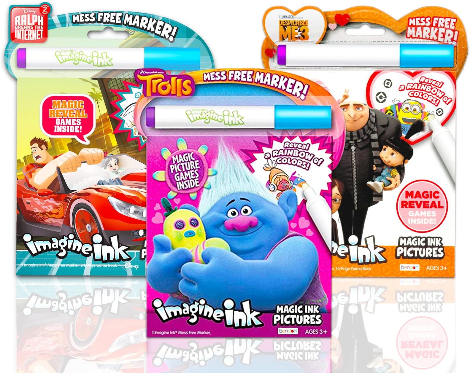 Imagine Ink Mess-Free Coloring Book Set - Bundle with 3 Imagine Ink Activity Books Featuring Wreck It Ralph, Minions, and Trolls for Kids and Toddlers
