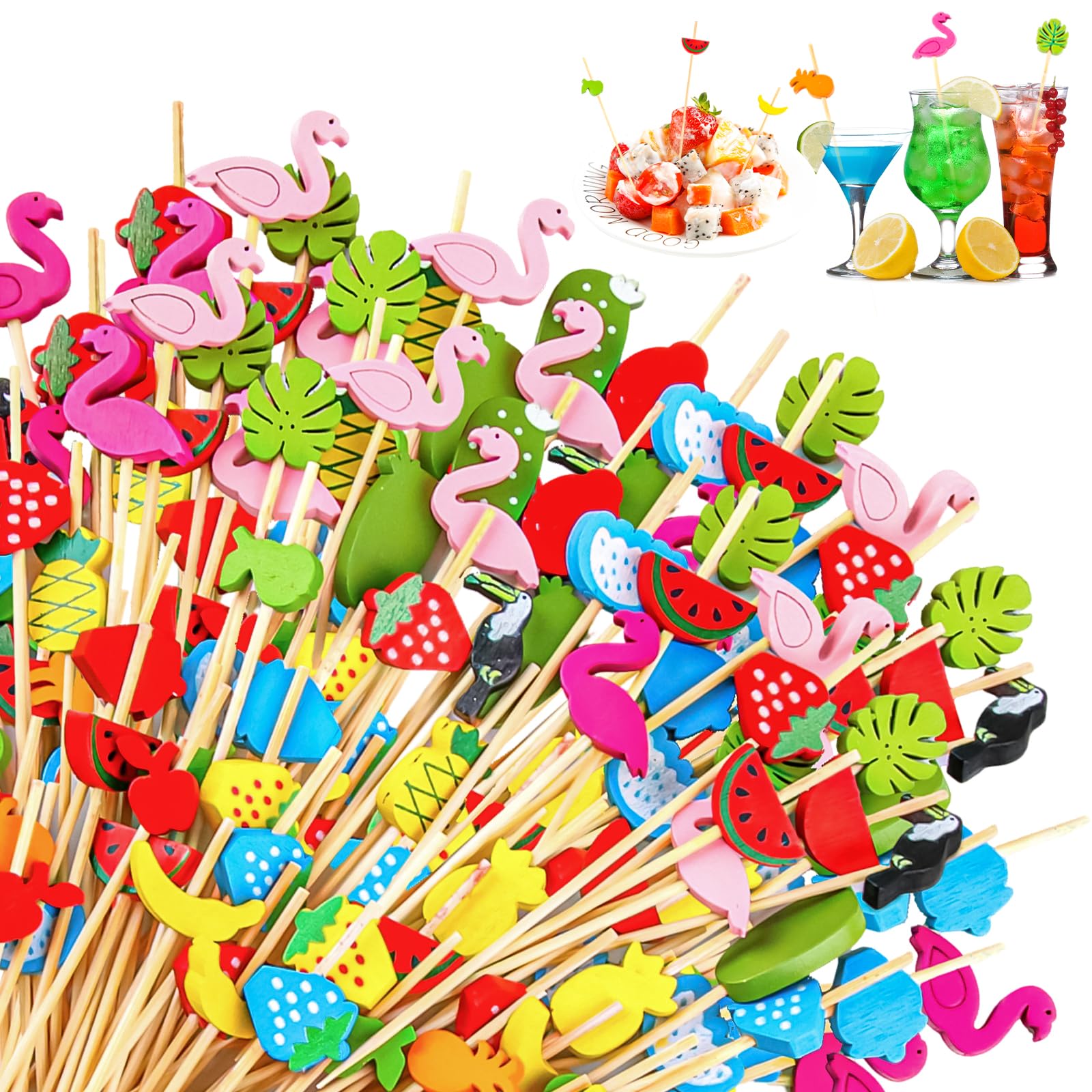 CIYIN 100 Pezzi Bastoncini Cocktail, Stecchini per Aperitivo, 12 cm Stuzzicadenti in Legno per Frutta con Motivo Tropicale, Stuzzicadenti Decorativi, per Antipasti Frutta Dessert