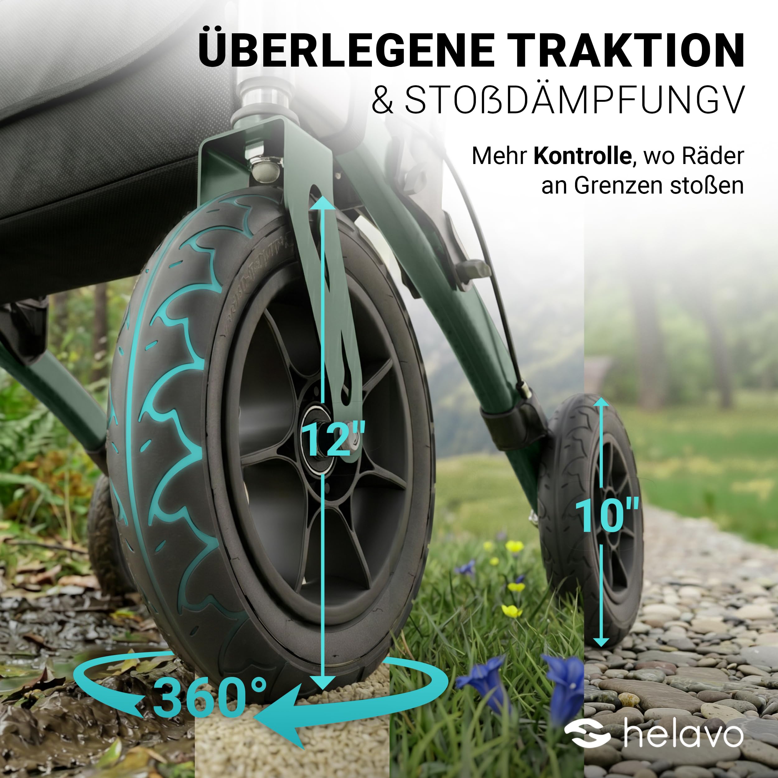 Helavo Outdoor-Rollator mit Luftbereifung - Faltbarer Rollator mit Sitz & Lehne für Draußen - Komfortable & stoßdämpfende 12"/10" große Räder - Gehhilfe für Waldwege, Gras & Strand | 12" Luftreifen für maximalen Komfort - Mit Sitz & Rückenlehne - Nur 9,5