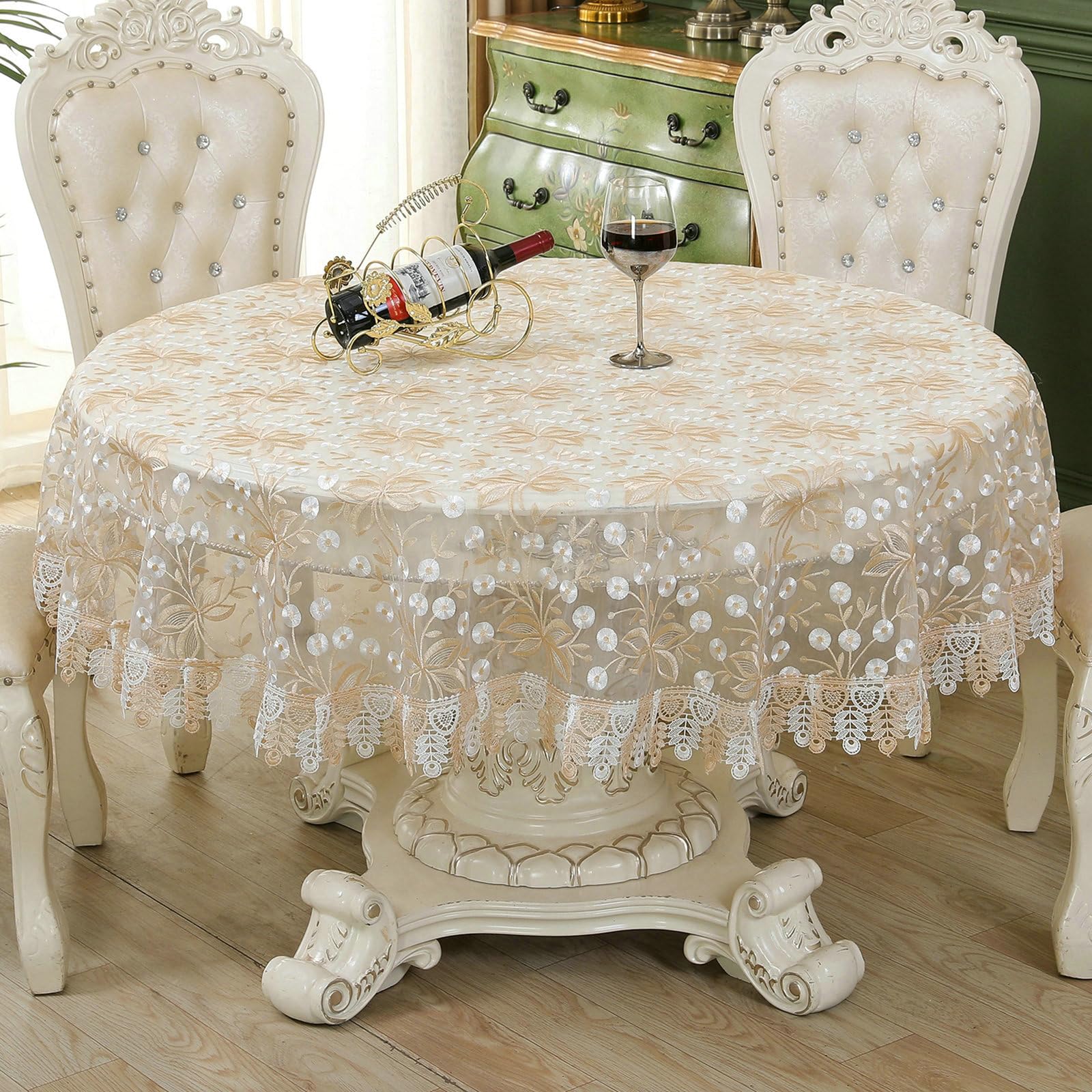 Tischdecke Kaffee Rund 180 cm, Blume Spitze Stickerei Polyester
