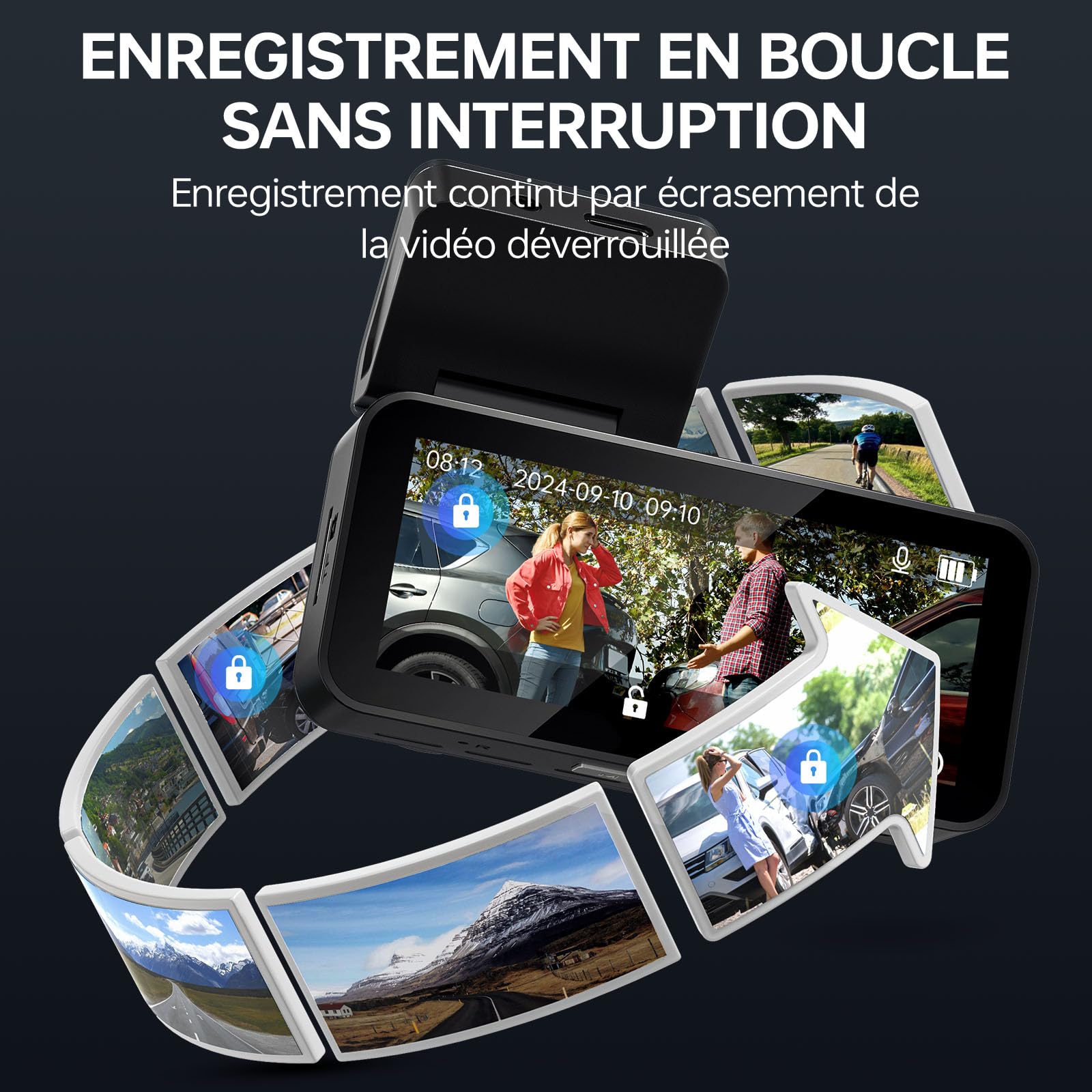 Caméra Embarquée Voiture 2.5K QHD Avant/Arrière - Double Objectif, Écran IPS 3,39 - Grand Angle 160°, Vision Nocturne, Mode Parking 24h/24 (Argenté Gris)