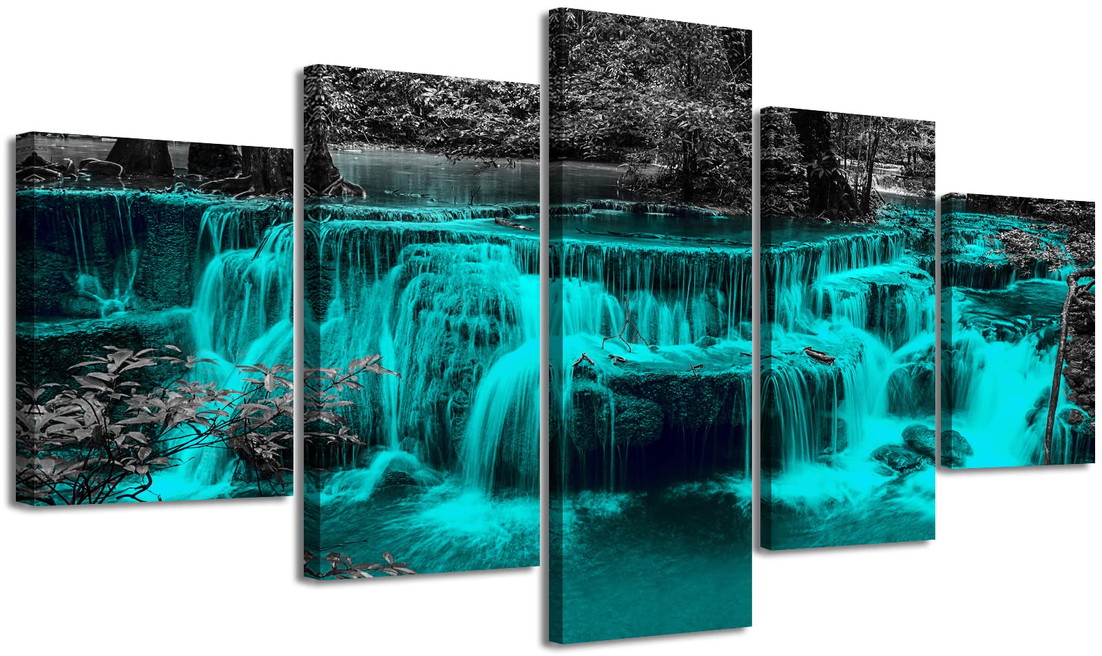 Wall Decor Living Room Black and White Wall Art Teal Waterfall Pictures Canvas Print Modern Home Decorations 5 Pieces Nature Landscape Artwork for Bedroom Framed 60" W x 32" H