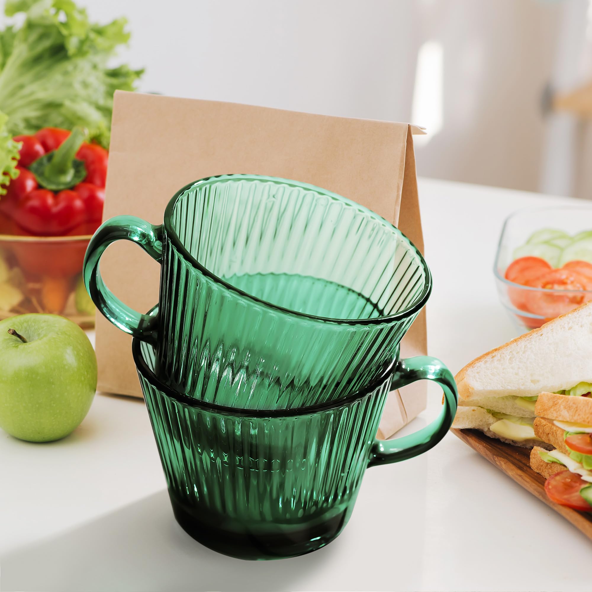 Joeyan 400ml Tazze da Caffè in Vetro,Set di 2 Verde Tazza con cucchiaino,Bicchieri a Coste per espresso Demitasse, Cappuccino Latte Tè,Latte, Cereali, Gelato, Yogurt, Lavabili in Lavastoviglie
