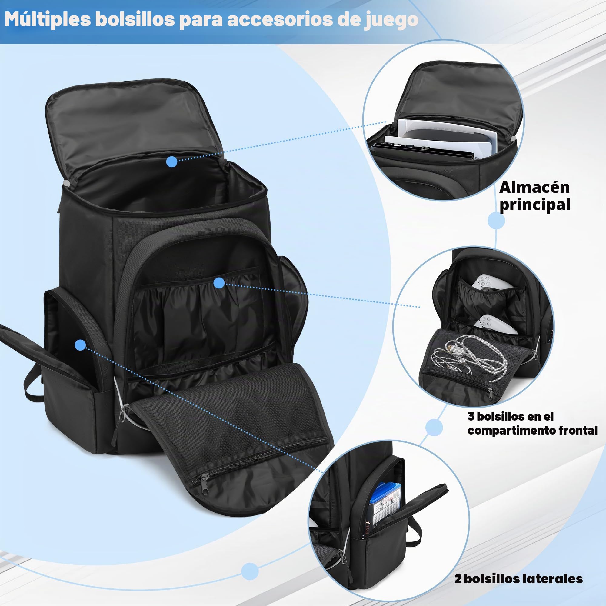 Trunab - Mochila para Videojuegos, Almacenamiento de Protección Compatible Con PS5, PS4, Xbox One, Bolsa de Viaje Con Bolsillos para Portátiles de 15,6