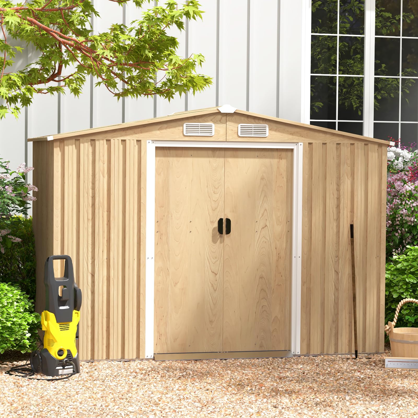 GOPLUS 4,47m² Abri de Jardin Naturel avec Bas, Cabane à Outils en Acier Galvanisé 8,23m³, Résistant aux Intempéries, Porte Verrouillable, Toit en Pente, Bouches d'Aération, pour Jardin (259x196x184cm)