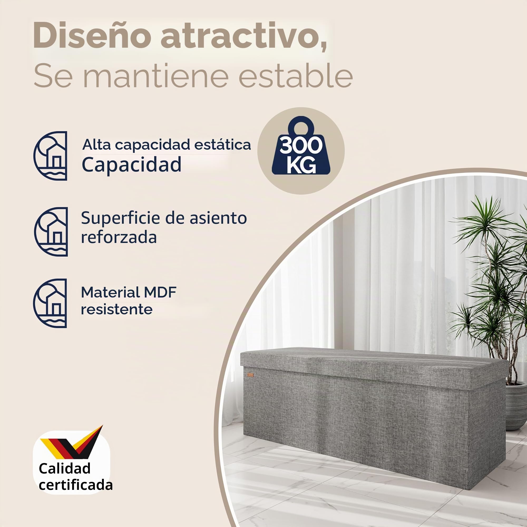 CASARIA® Banco Almacenaje Plegable Puff Reposapiés Otomana Almacenamiento Salón Dormitorio Capacidad Carga 300kg Resistente Efecto Lino 115x40x40cm Gris Claro
