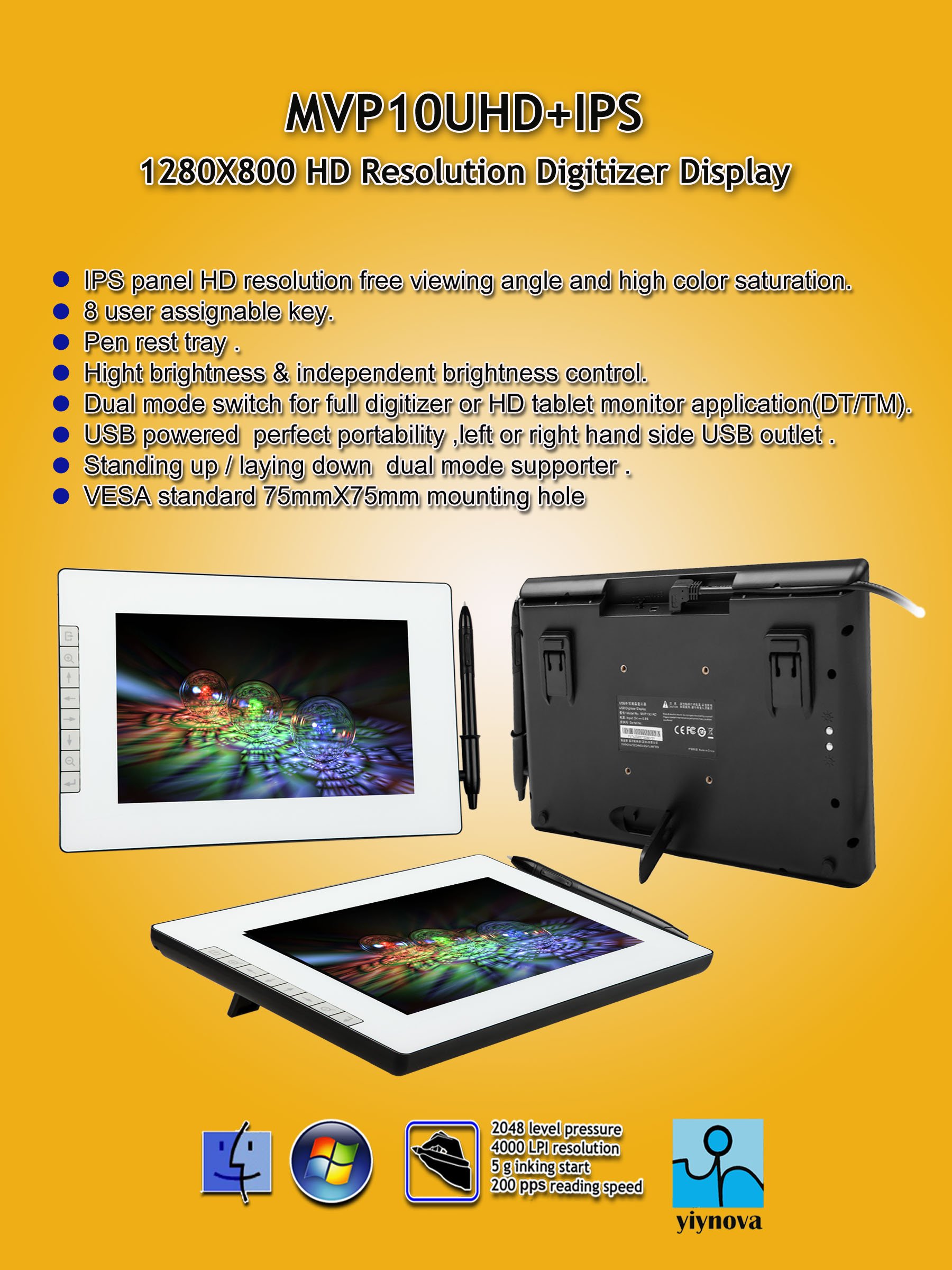 Yiynova MVP10UHD+IPS 10.1" USB Digitizer Tablet HD Display (Mac/Windows)