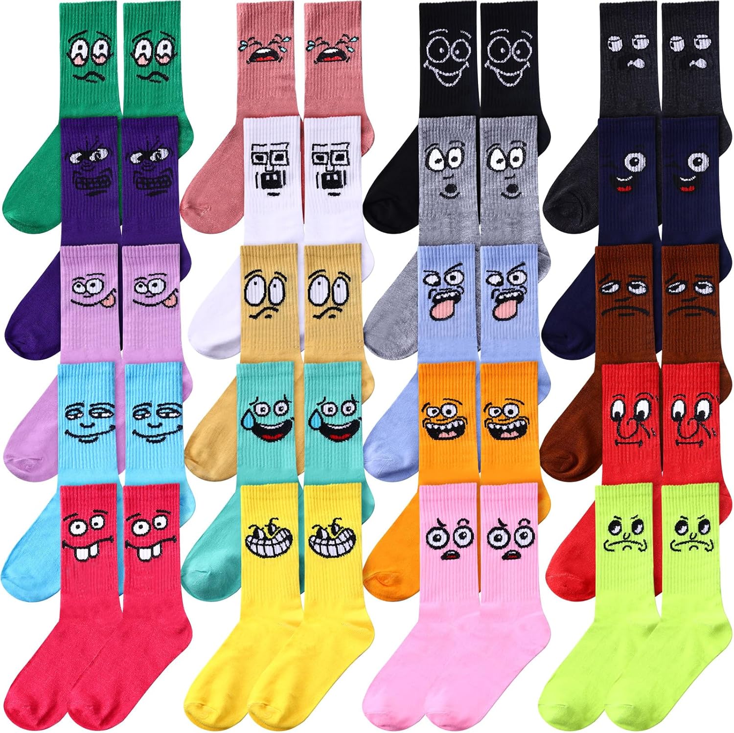 Cuffbow 20 Pack Crazy Funny Emotion Socks for Women Crew Soft Cotton Socks, 20 Different Fun Designs