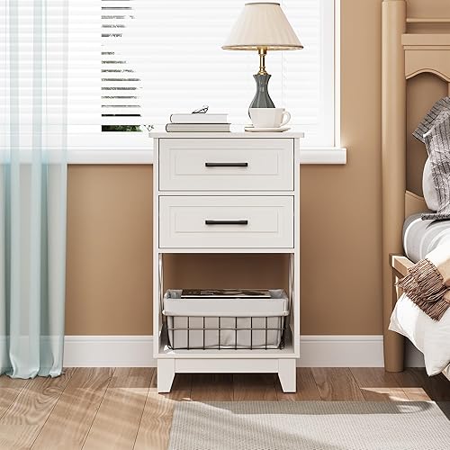 Miniatura 8 de RoyalCraft Mesita de noche alta, mesa auxiliar blanca con 2 cajones y estante abierto debajo, mesita de noche con pies sólidos, mesa auxiliar