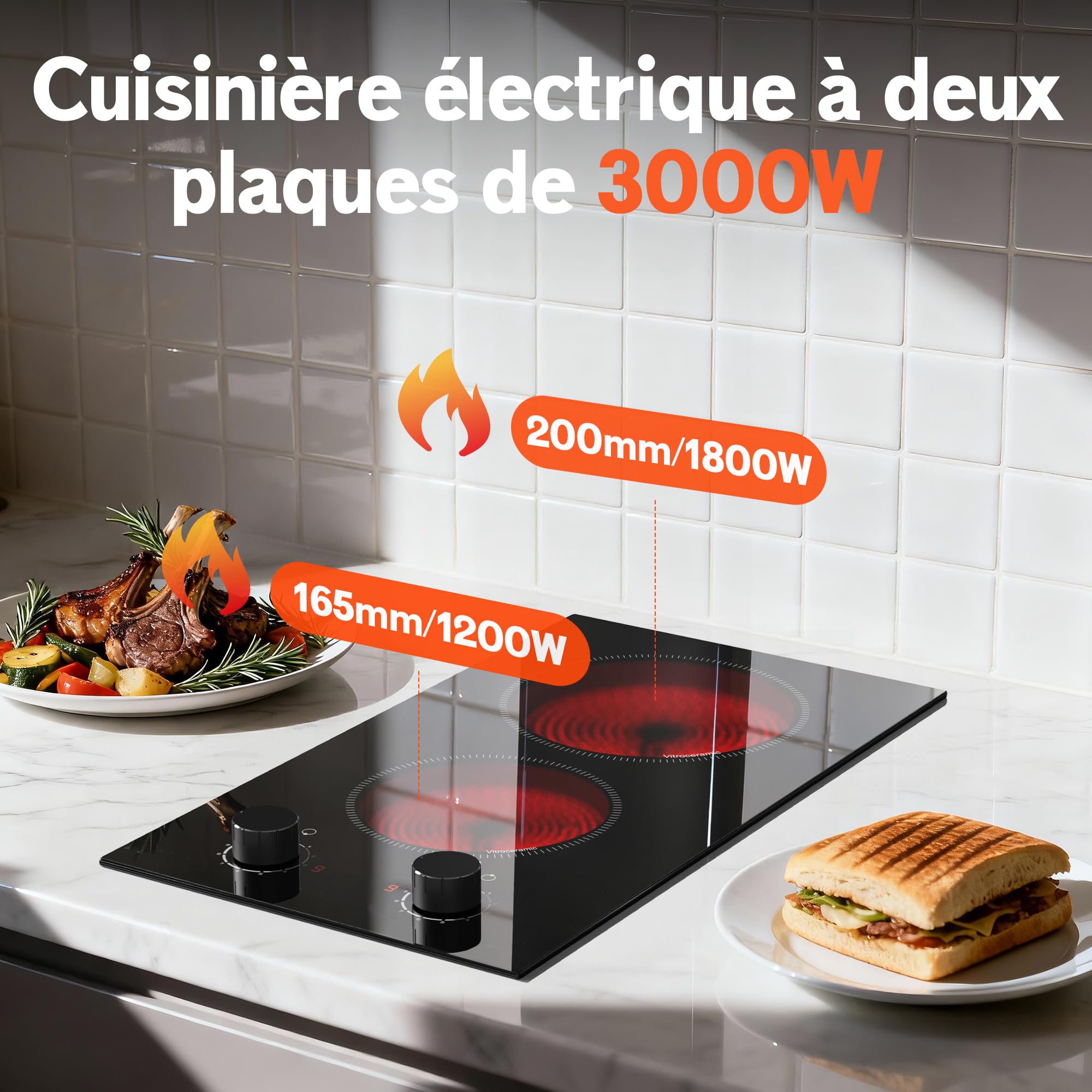 Plaque Vitrocéramique 2 Feux Encastrable 30CM, Table de Cuisson avec Minuterie et Verrouillage de Sécurité, 220V
