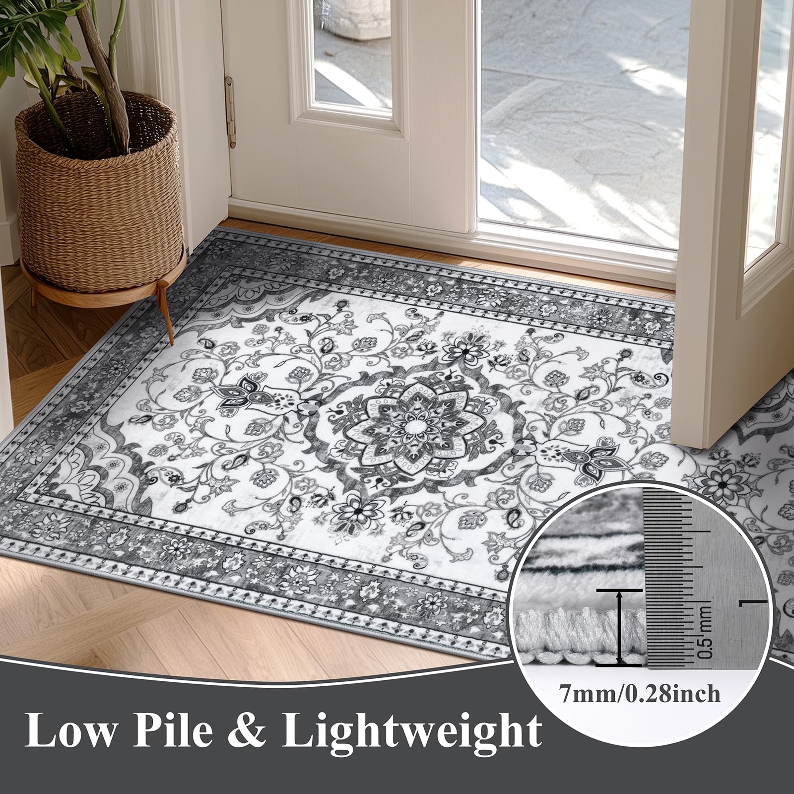 Enyhom Teppich Läufer Flur 80 x 300cm Hochwertig rutschfest Läufer Küche Traditioneller Langer Teppichläufer Waschbar Retro Weich Schlafzimmer Läufer für Büro Korridor, Grau