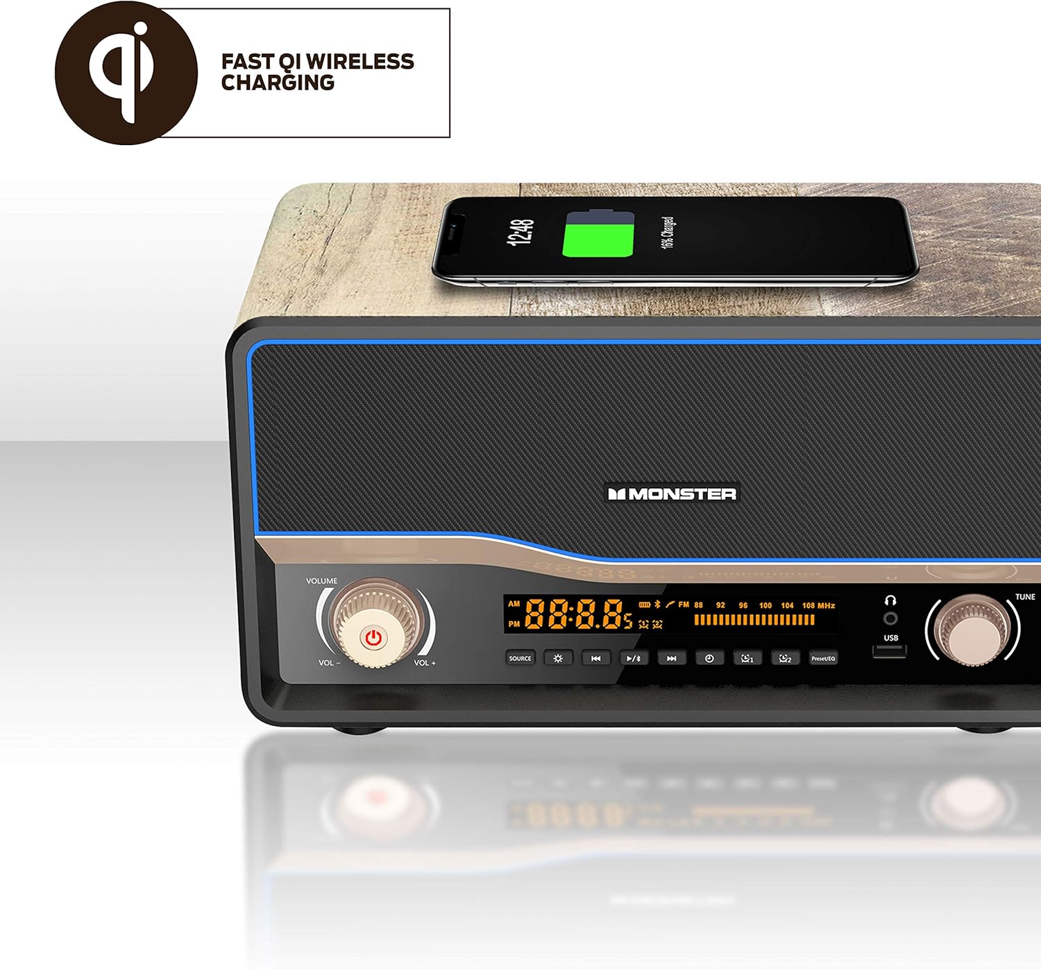 Buy 2 get 3 Monster Retro |Fast Qi Wireless Bluetooth Charger Speaker, 30 Watts, Wireless Fast Qi Charger Clock Radio, Retro Look, Alarm sync, RGB LED