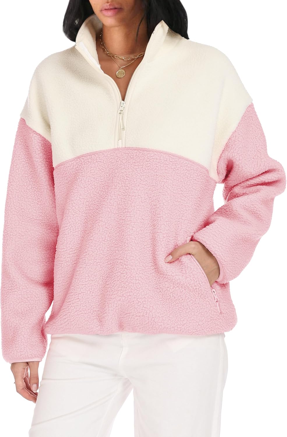 Womens Colorblock Fleece Jacket Half Zip Mockneck Sherpa Pullover Hiking Outdoor Sweatshirts with Pockets