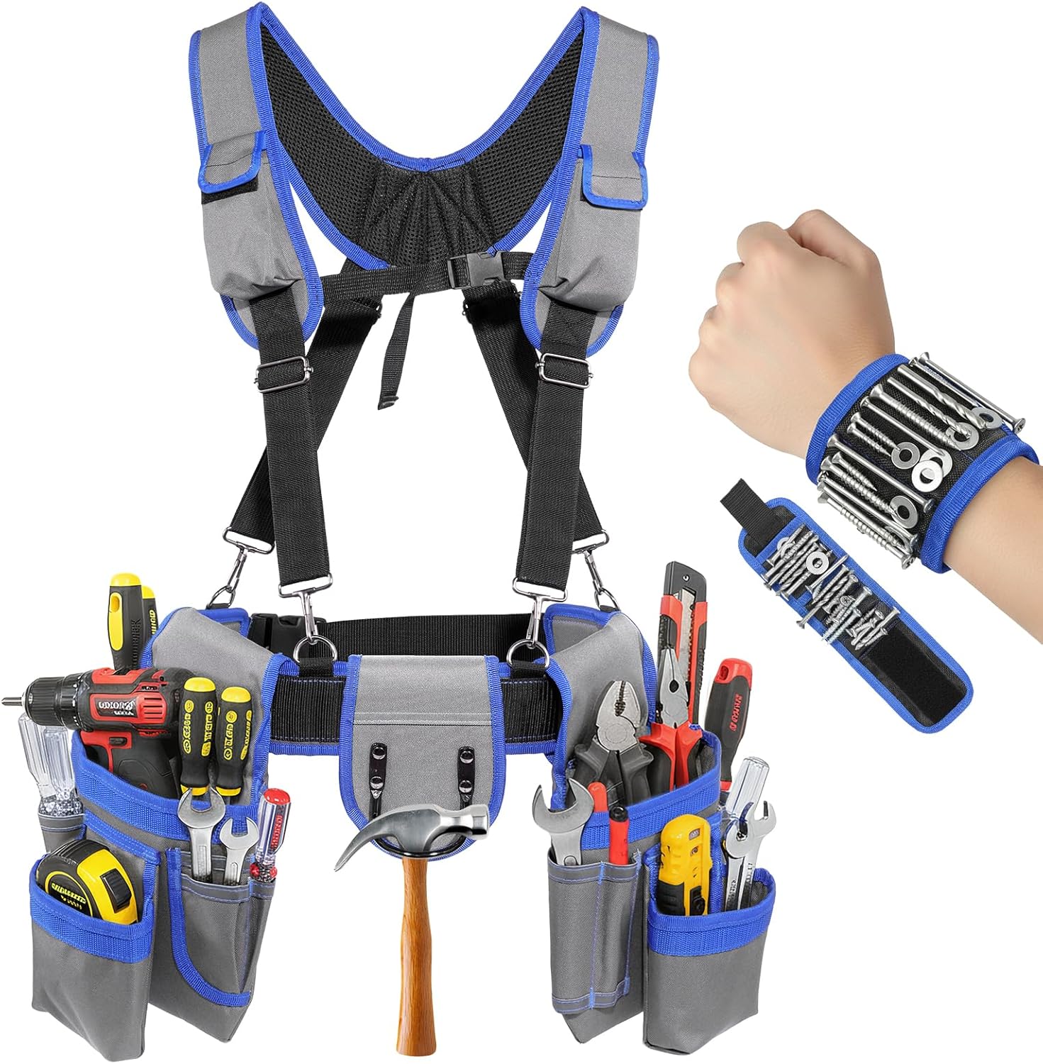 Tool belt with Suspenders, Magnetic Wristband for Tools,Multi-Functional Adjustable Waist Tool Belt, Tool Belt Pouches, Electrician Framer Belt with Suspenders,Men Women Carpenter Tool Belts,Blue-Grey