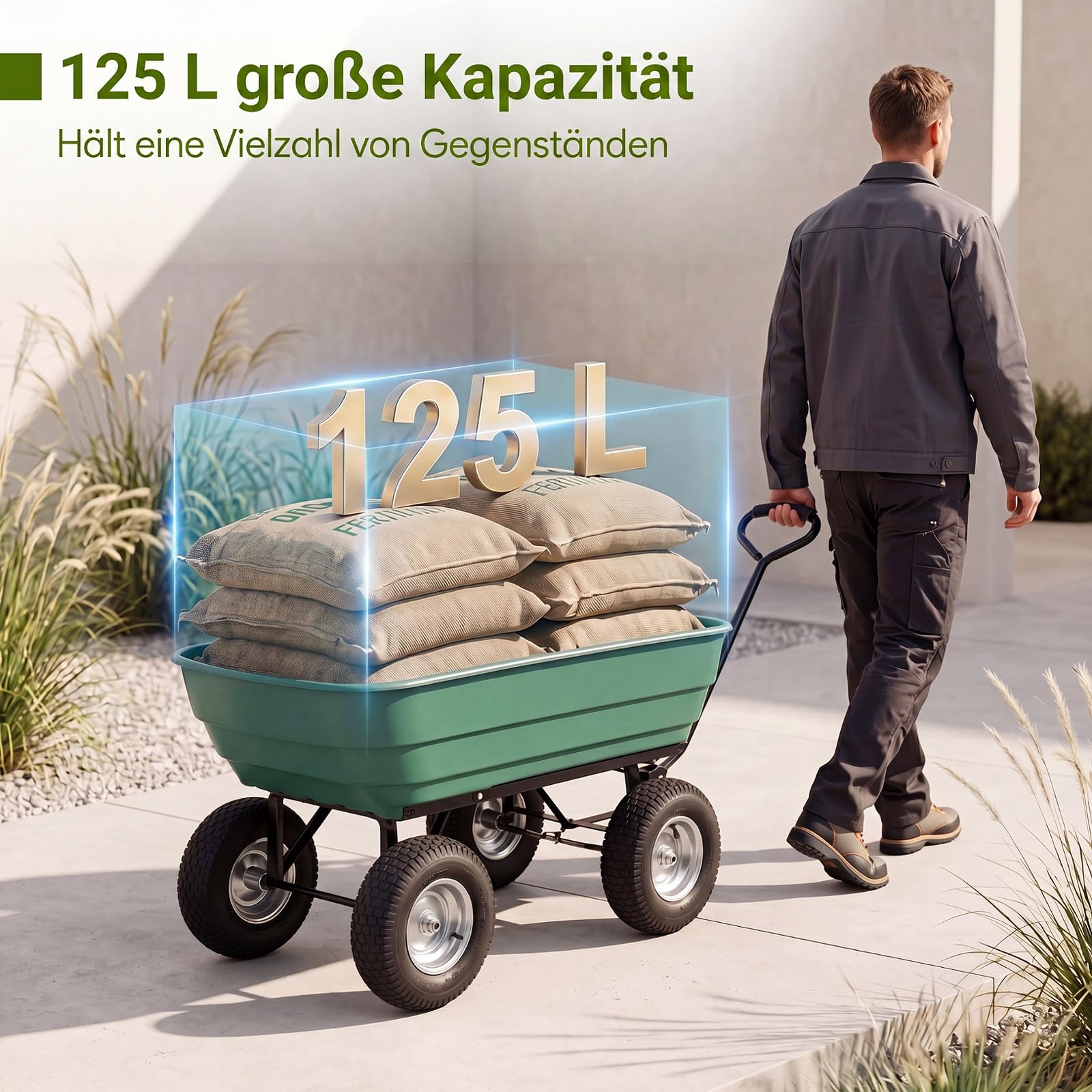 COSTWAY Bollerwagen, 400 kg | 125 L | Kippfunktion, Gartenwagen mit verstellbarem Griff & Luftreifen, Transportwagen Metall, Kippwagen Sackkarre, für Garten, Hof, Camping, 120x56x61,5 cm, Schwarz