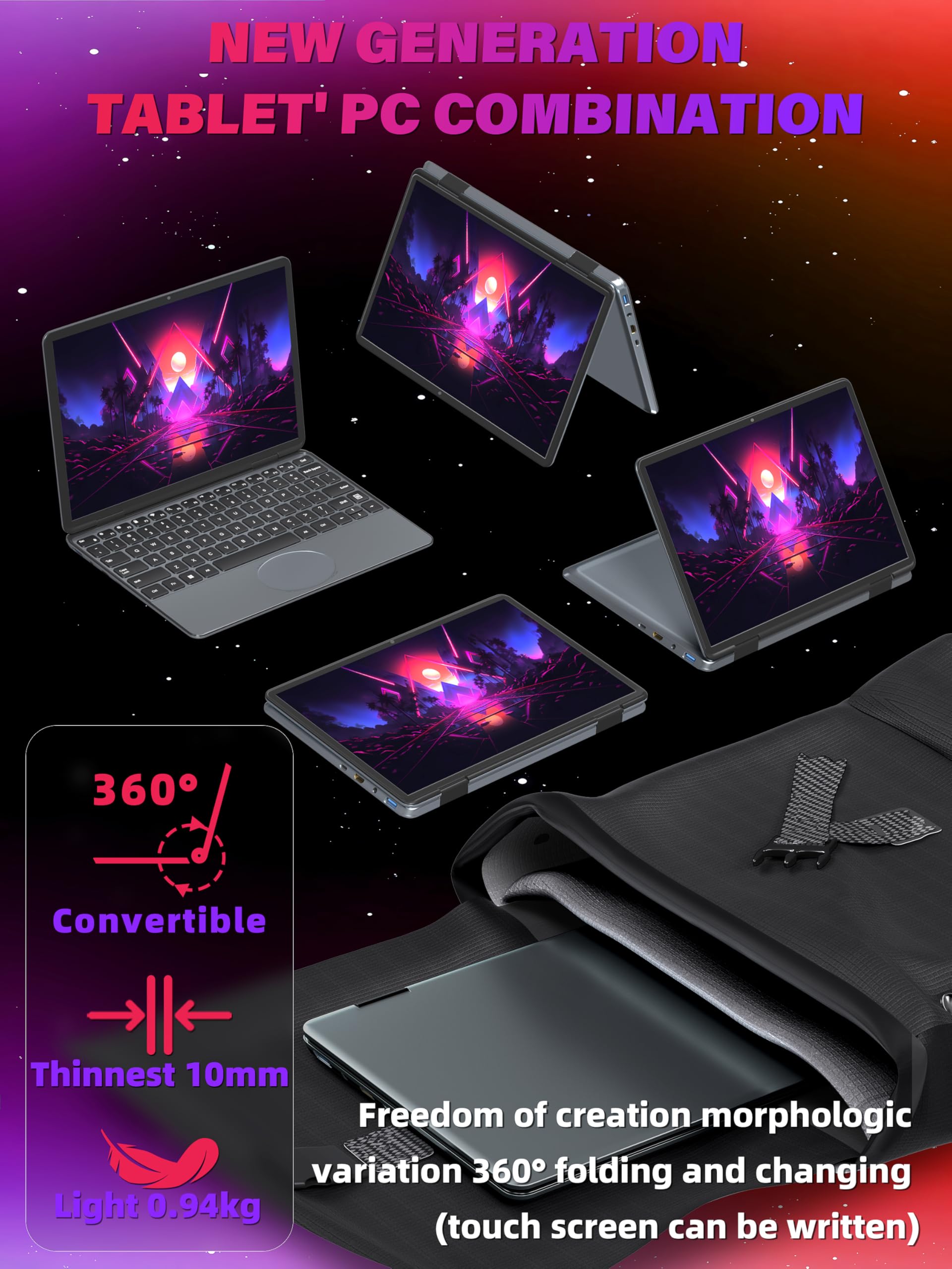 27,9 cm (11 Zoll) grauer 2-in-1-Touchscreen-Laptop für Studenten und Reisen | N100 3.4GHz, 16GB RAM 1TB SSD, FHD IPS Touchscreen, 360° Flip, Backlit KB & Face Recognition, USB-C, Win 11 Pro