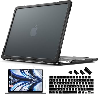 Batianda 4-in-1 Ultimate Case for New MacBook Air 13.6 inch 2026 M5 2025 M4 2024 2022 Model A3240/A3113 - Matte Translucent Rugged Armor Shell with Carbon Fiber Texture Grip Shockproof Bumper - Black
