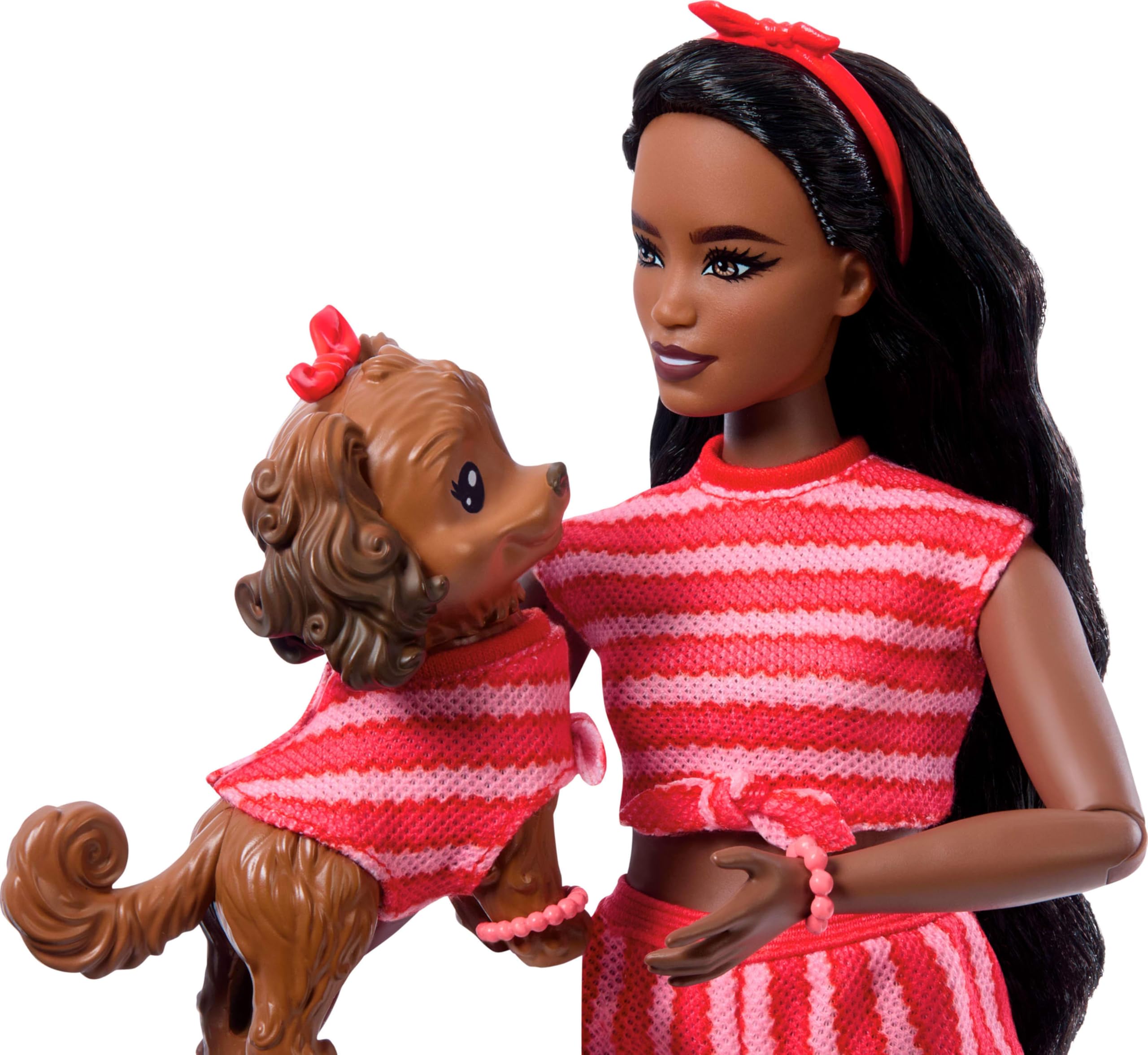 Barbie Twinning Looks Doll with Pet Dog in Matching Red Striped Clothes and Accessories for Both like Sunglasses and Headbands, Wavy Black Hair